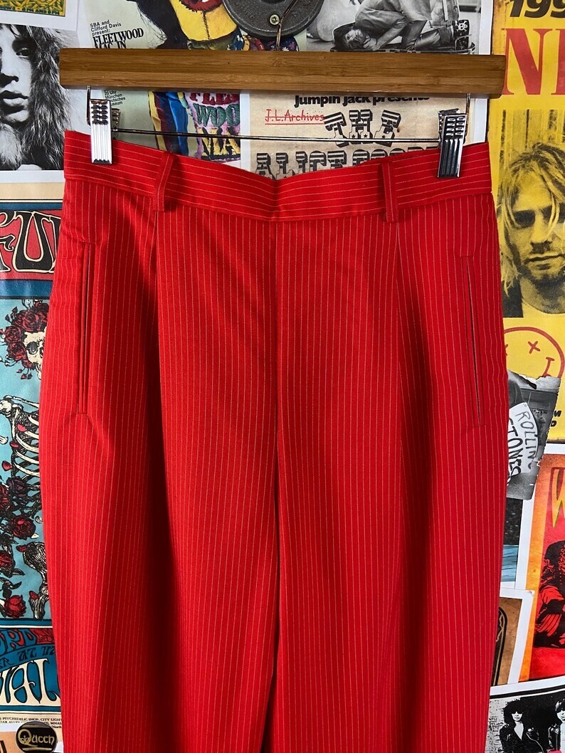 Vtg 90s Red White Pinstripe High Rise Wool Trouser Pants 28×32 Women Menswear