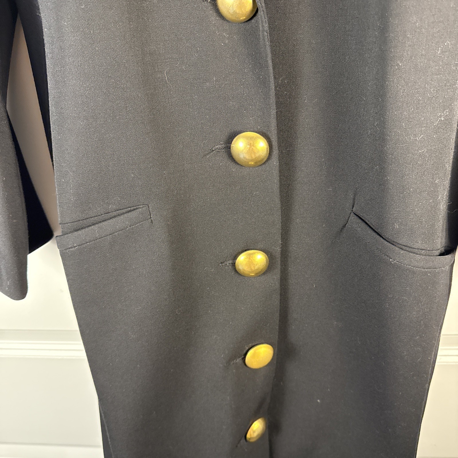Vtg Lillie Rubin Wool Coat Dress 10 Black Shoulder Pads GoldButtons Quiet Luxury