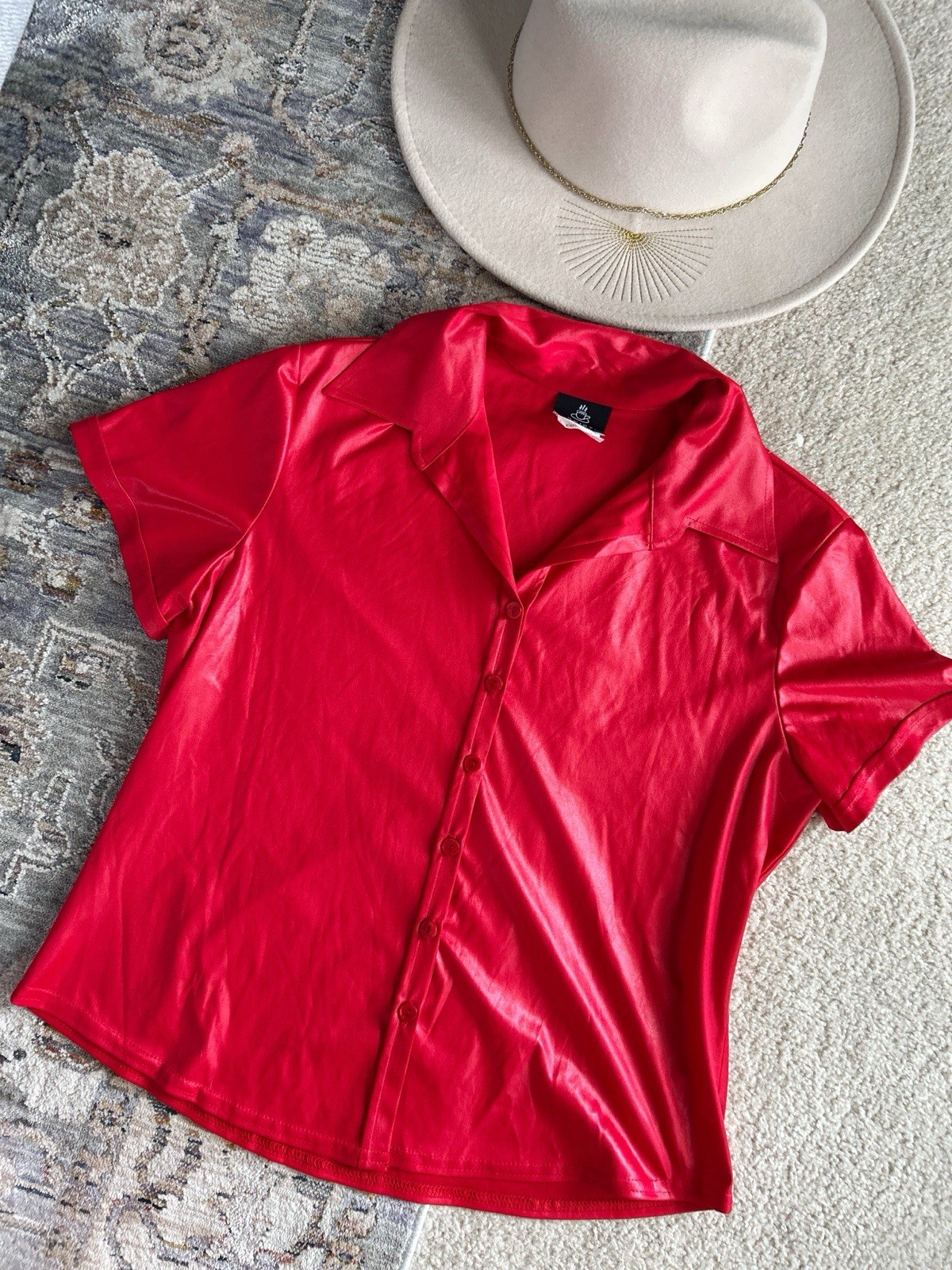 Vintage Anxiety Cafe 90s Red Faux Pleater Top XL