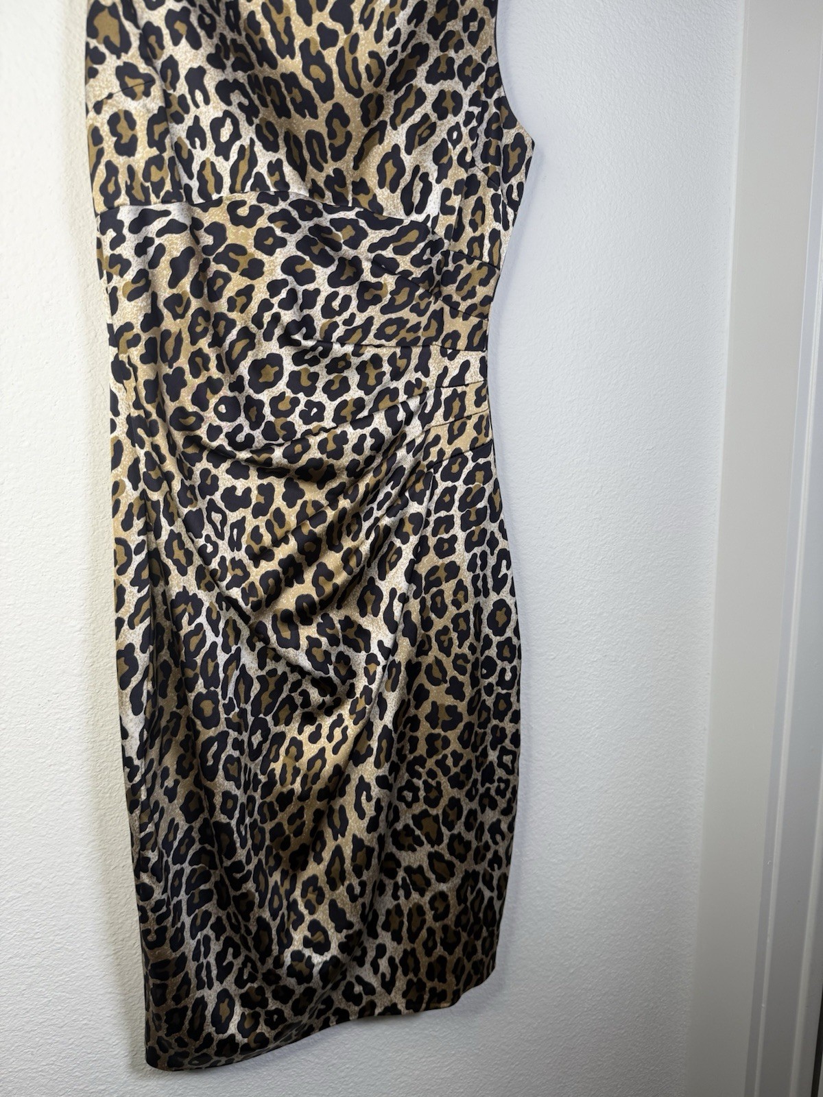 VTG Cache Leopard Animal Print Silky Ruched Body Con Evening Dress Womens 12