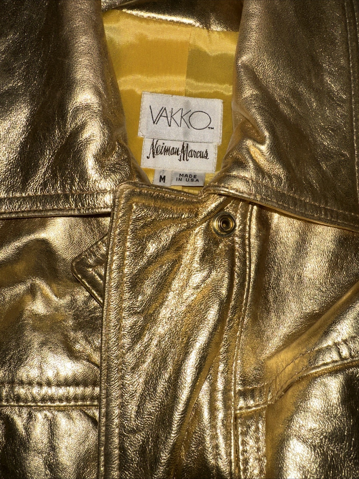 Vintage 80s VAKKO Neiman Marcus Gold Metallic Leather Jacket Bomber Medium USA