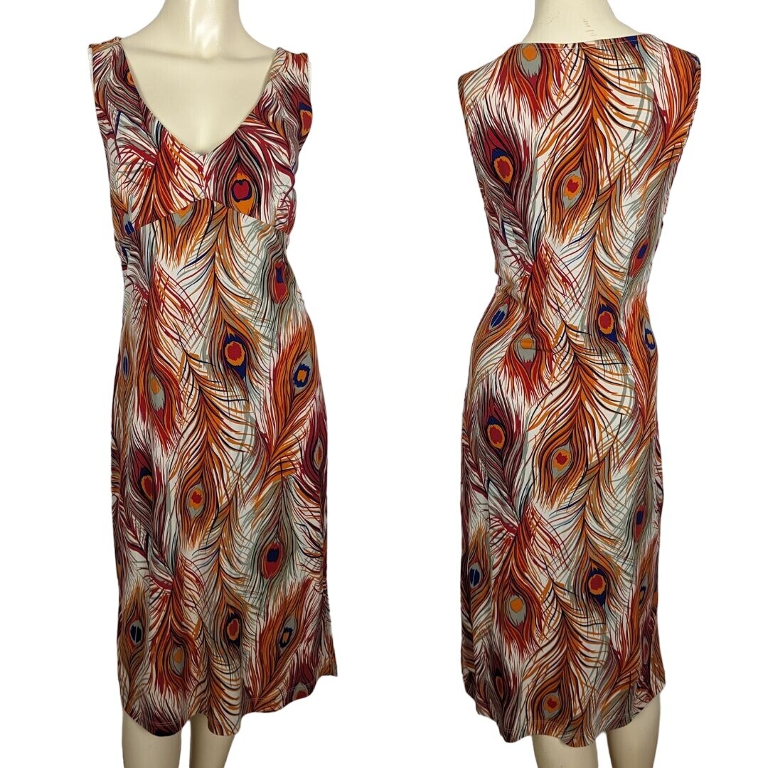 BCBG Dresses Large orange blue Peacock Feather print Vintage Empire Waist Y2K