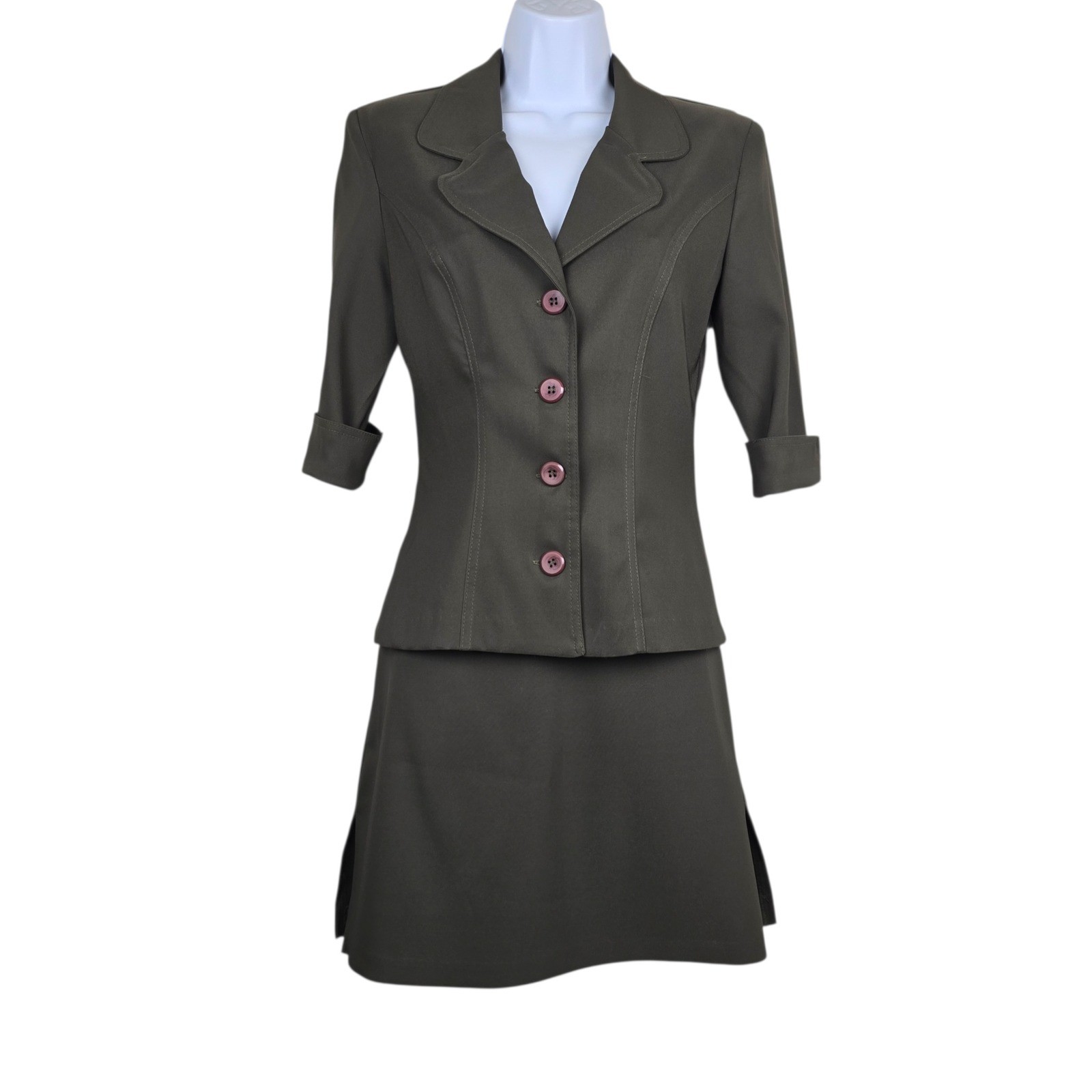 La Belle Olive Green 3/4 Sleeve Blazer Mini Skirt Suit Set Size 3