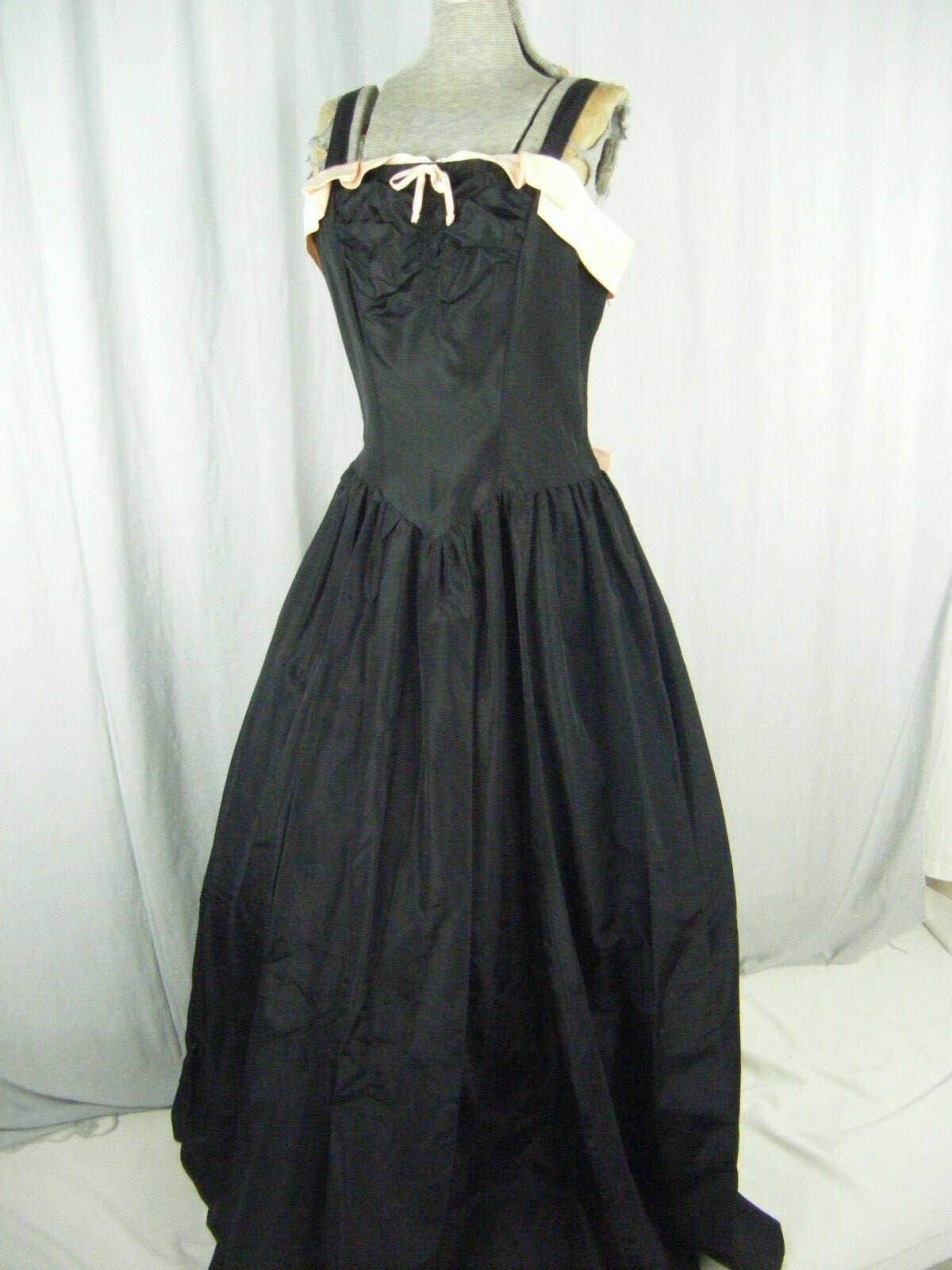 PARTY LINES BY EMMA DOMB Vtg 40-50s Black Pink Bows Taffeta Dress-Bust 37/S