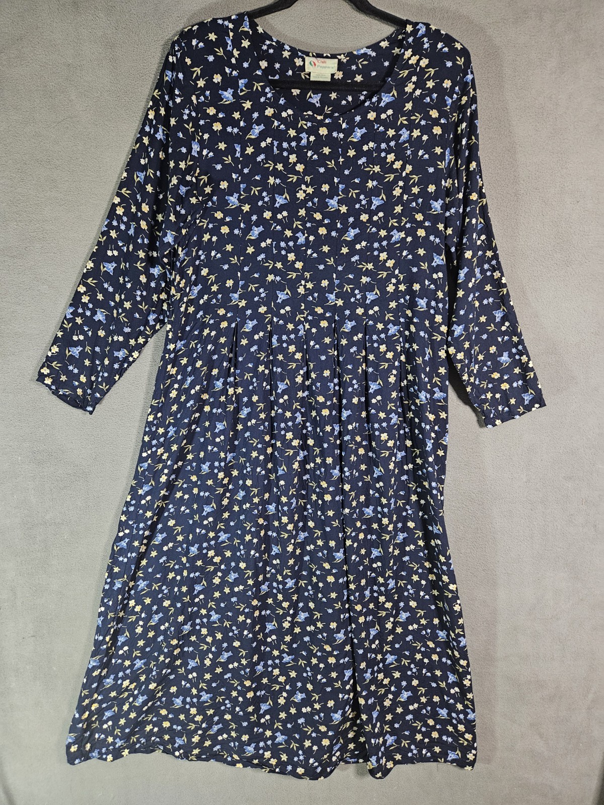 Vintage 80s Chilli Peppers Womens Large Maxi Dress Blue Floral Cottagecore Scoop