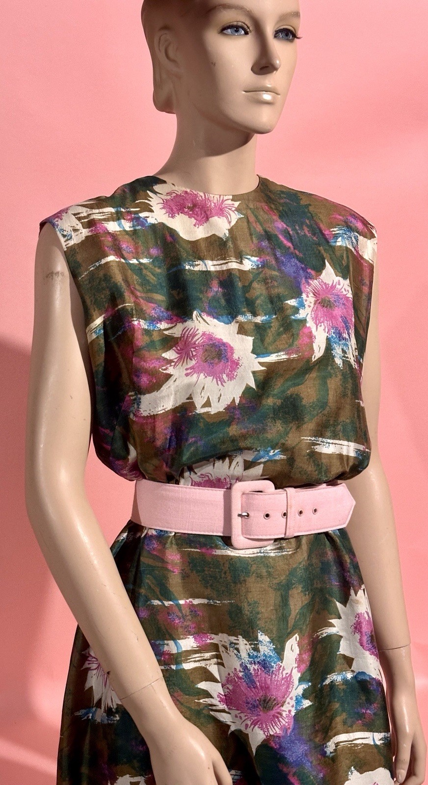 Vtg 50’s Silk Dress MCM Floral Fabric Pink, Grn Sculptured Charm Lora Lennox