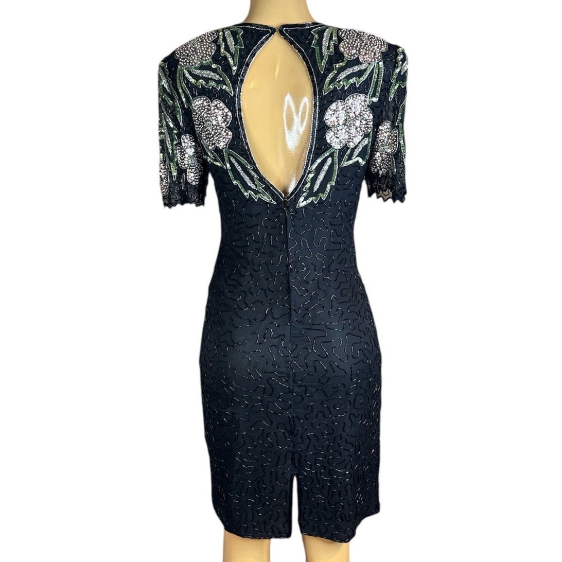 Vintage Black Floral Beaded and Sequin Midi Dress by Scala, Small