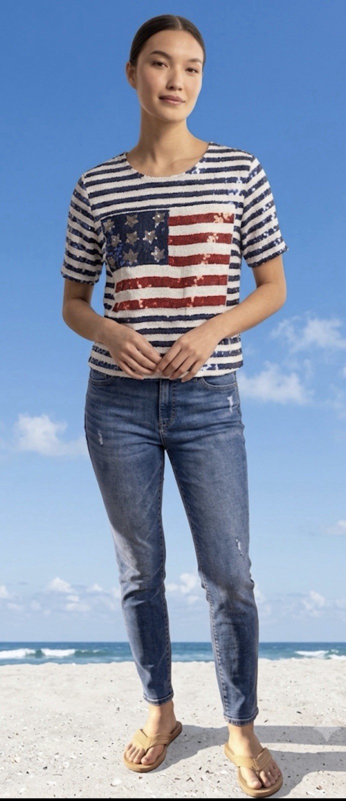 Vintage Sequin Flag Shirt Blouse Size Lx Silk 1980s Patriotic USA Celebrate New