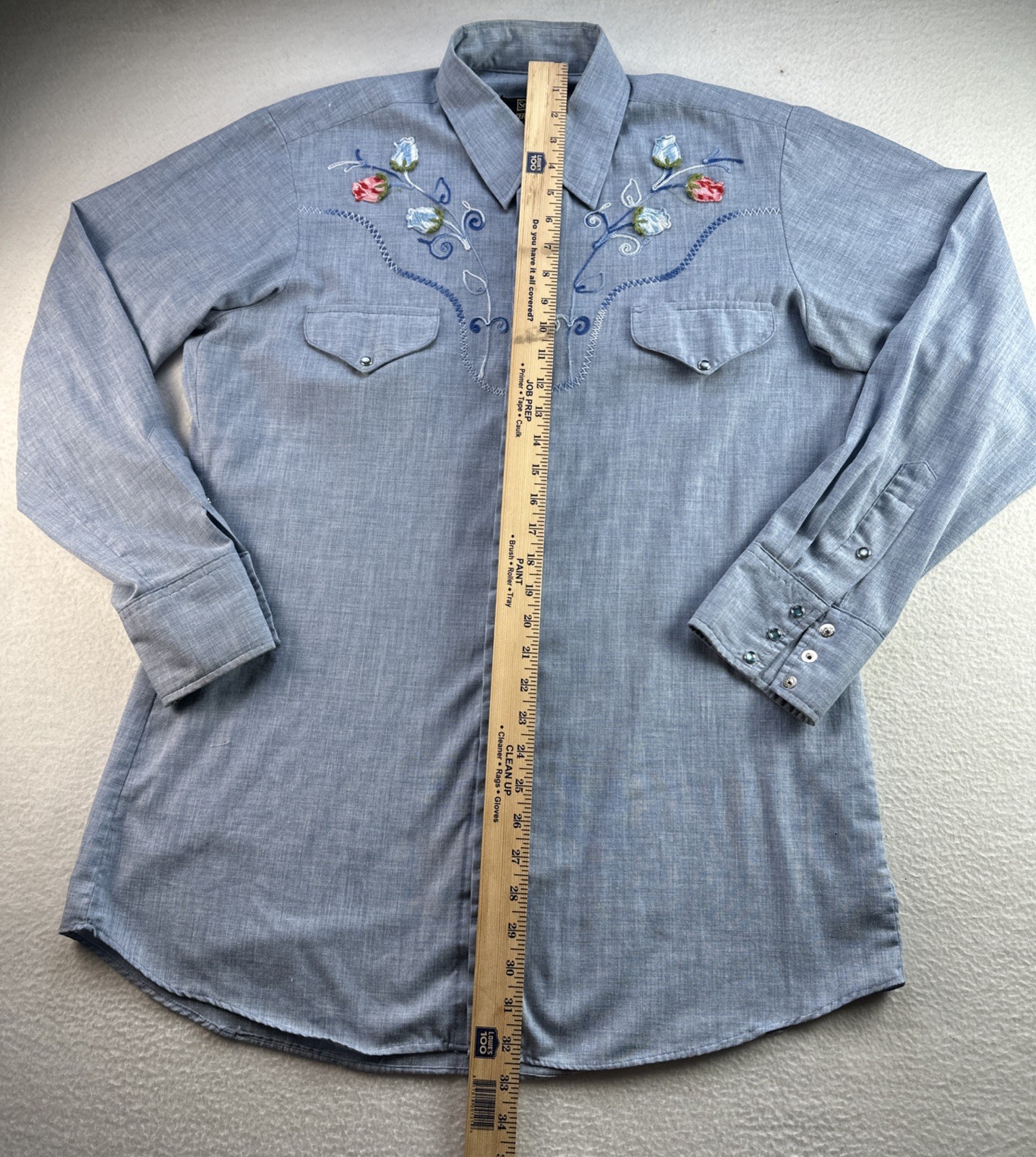VTG 80s Sears Western Wear Pearl Snap Shirt Womens L Blue Floral Embroidered USA