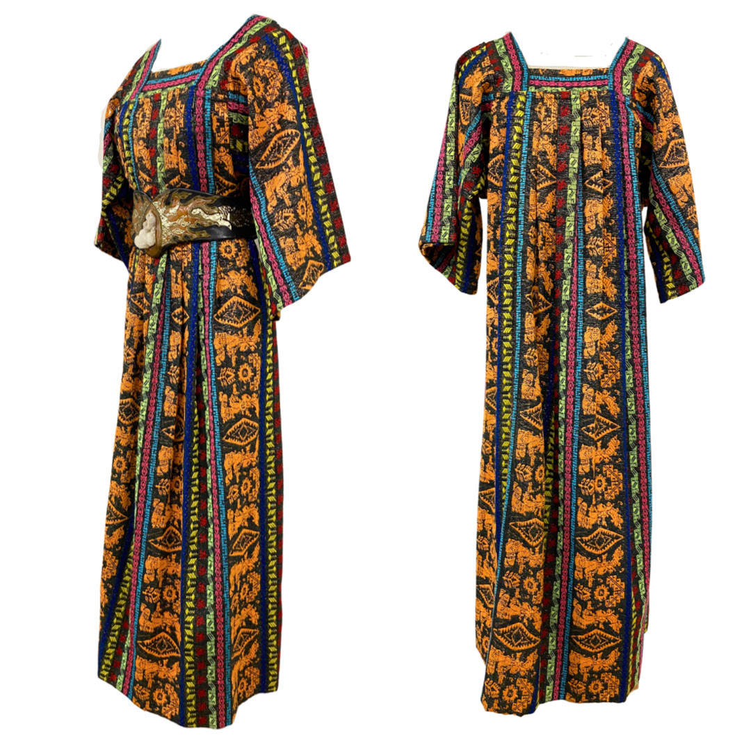 Vtg Vintage 1960s 60s Mexican Woven Metallic Mayan Textile Tunic Maxi Dress