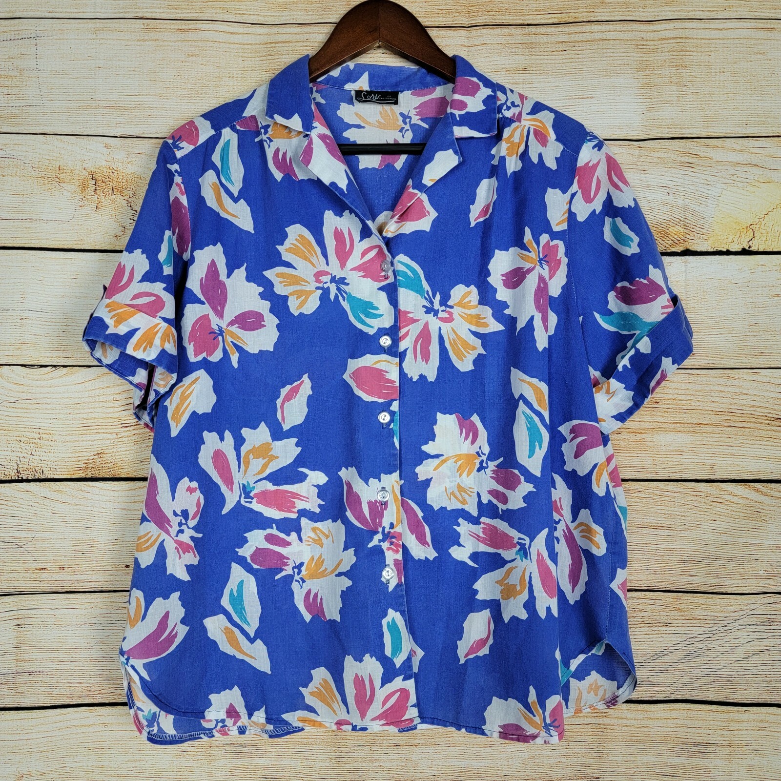 Vtg Lori Of California M Button Front Hawaiian Top Blue Floral Single Stitch
