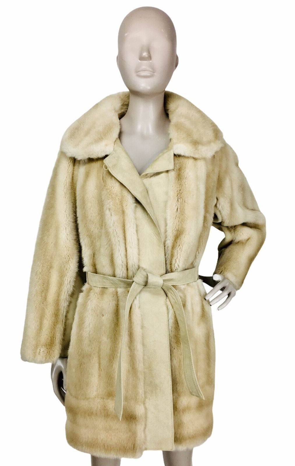 VTG 60s Lilli Ann Beige Suede Leather Faux Fur Belted Mob Wife Penny Lane Coat