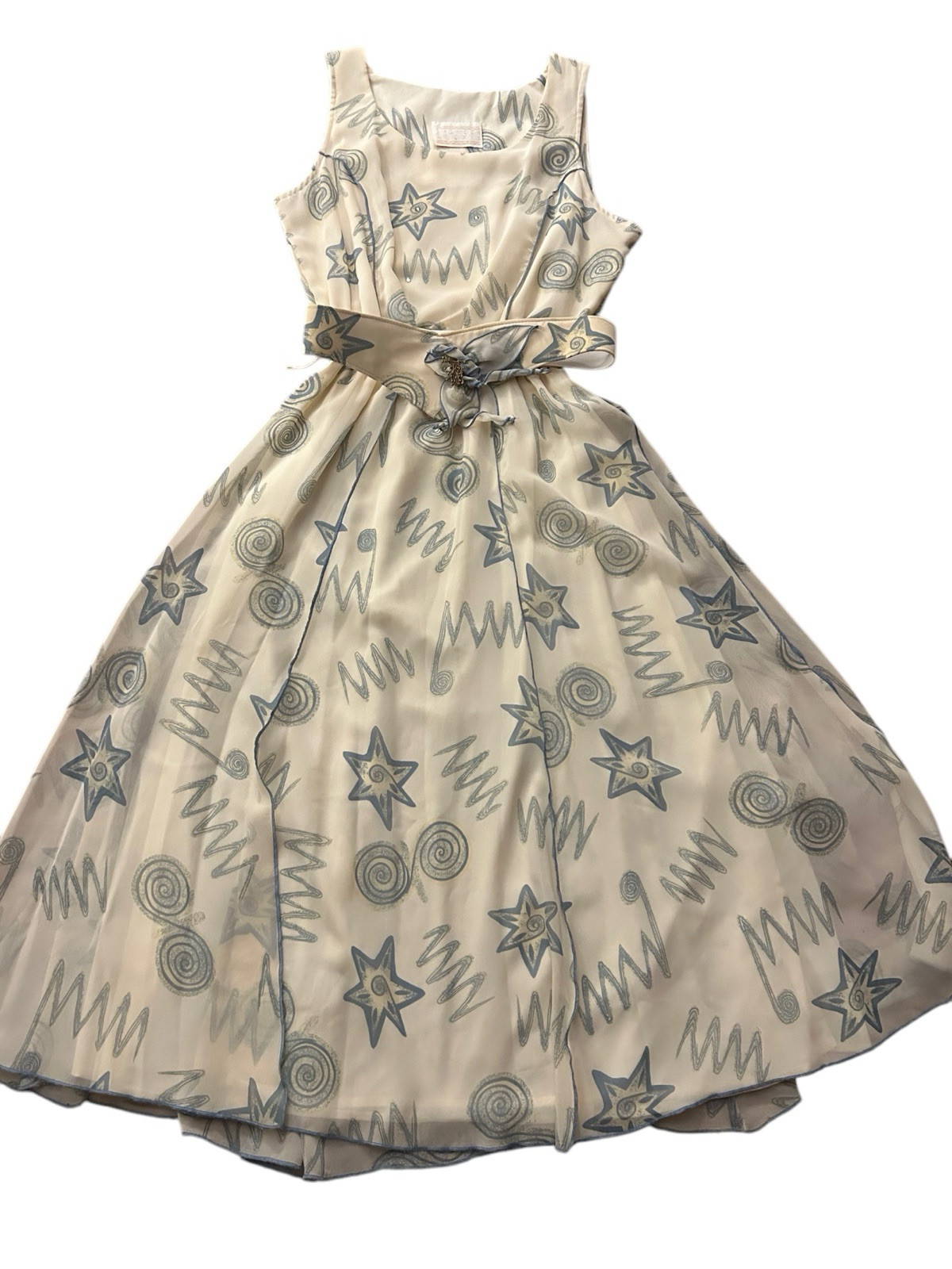 Vintage 3 Piece Belt Dress Jacket 1980’s 1990’s Flowy Set Blue Cream Romantic