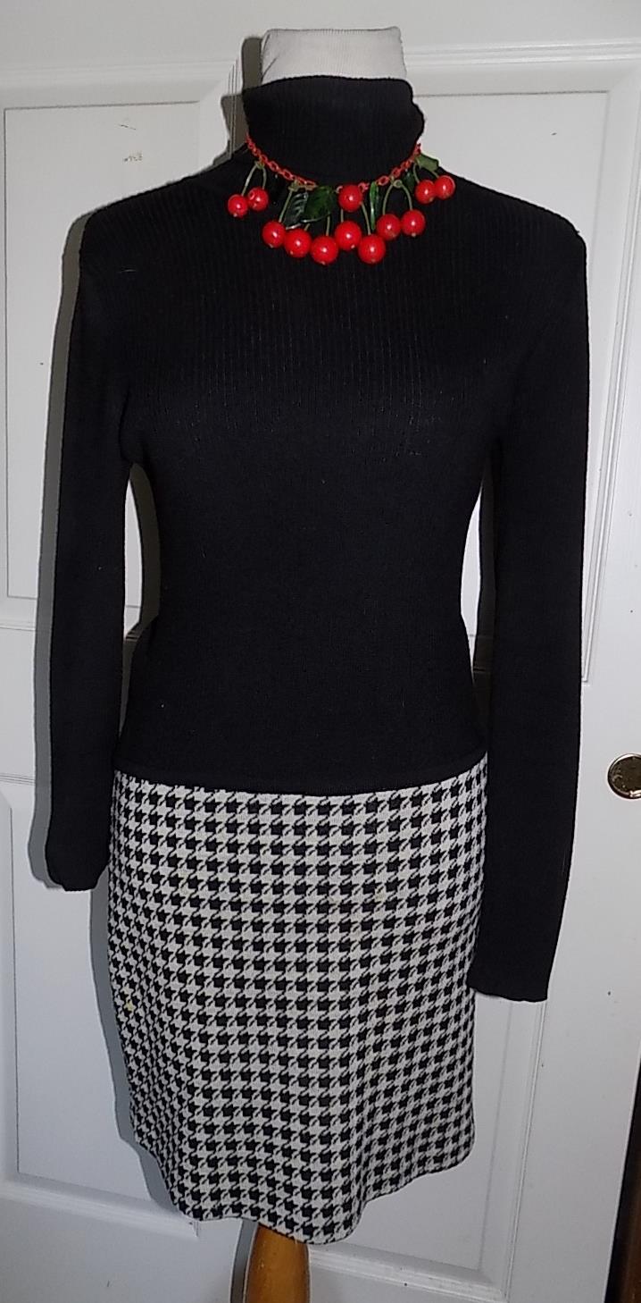 Vintage 80s 90s Black White Knit Dropped Waist Wool Dress Andrea Jovine MED B34