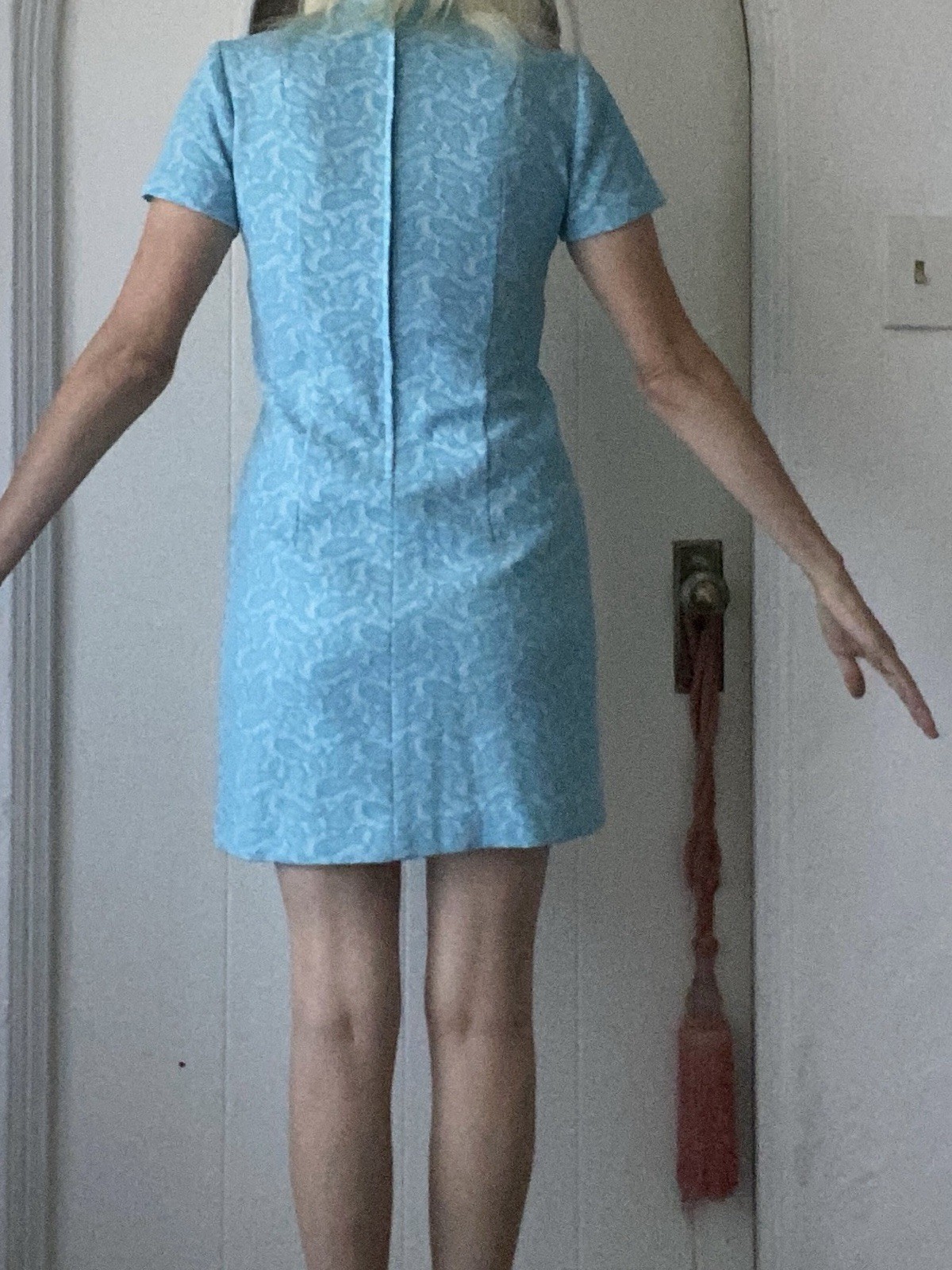 Vintage Handmade Blue Textured Poly Paisley Print Short Dress Sm