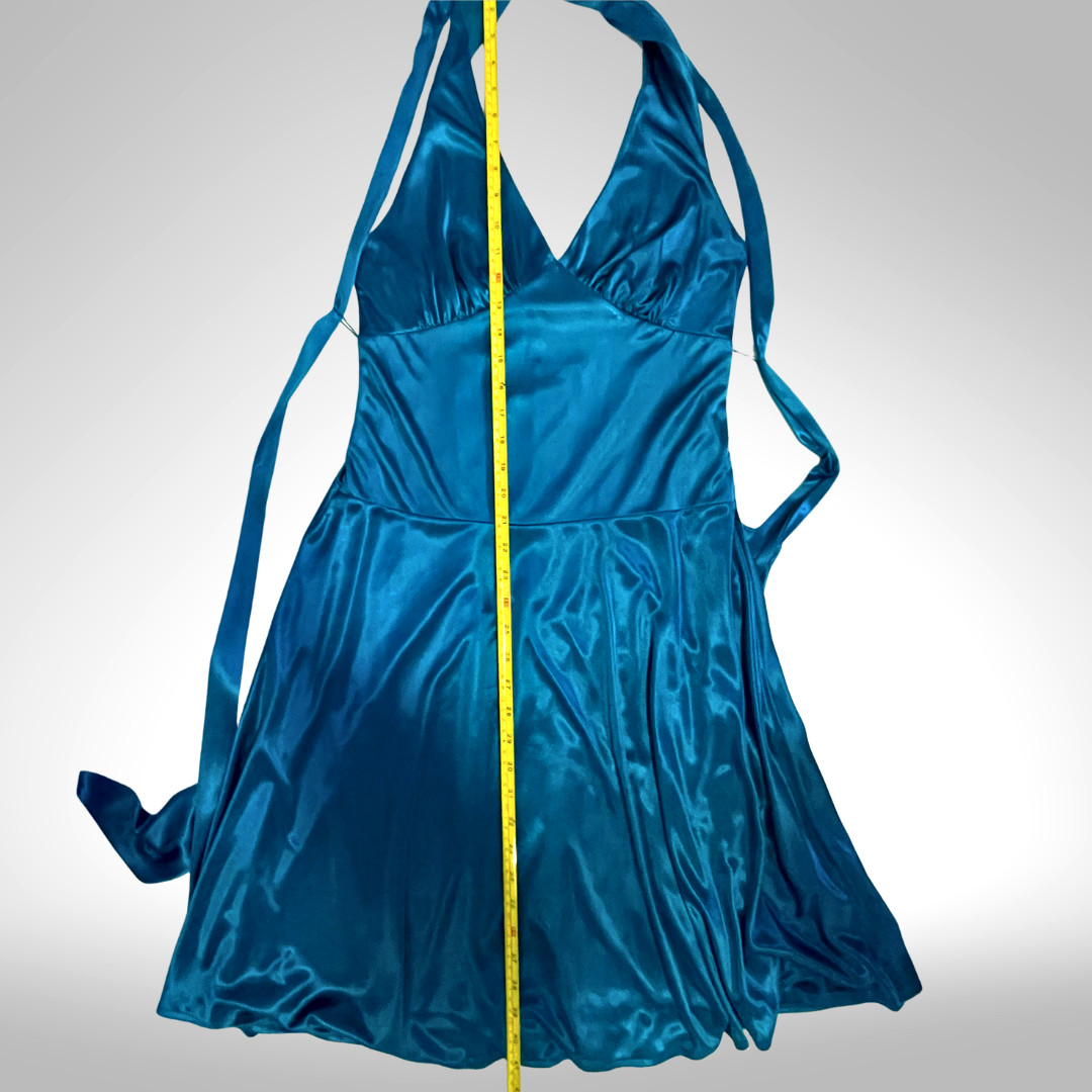 Blue Satin Halter Cocktail Dress Convertible Wrap Y2K Frederick’s Hollywood S/M