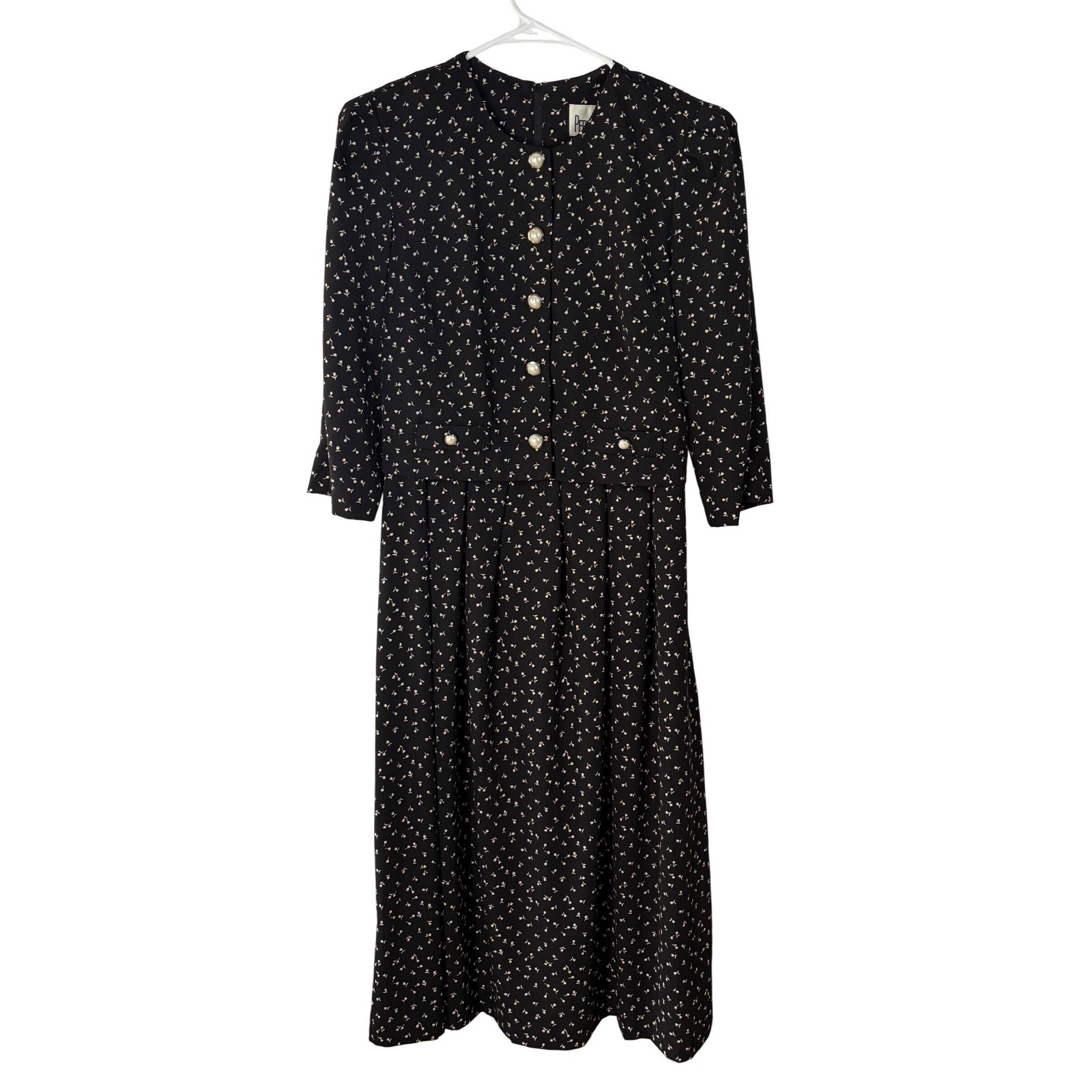 Peri Petites Vintage 90s Black Floral Pearl Button Midi Dress Womens Size 12