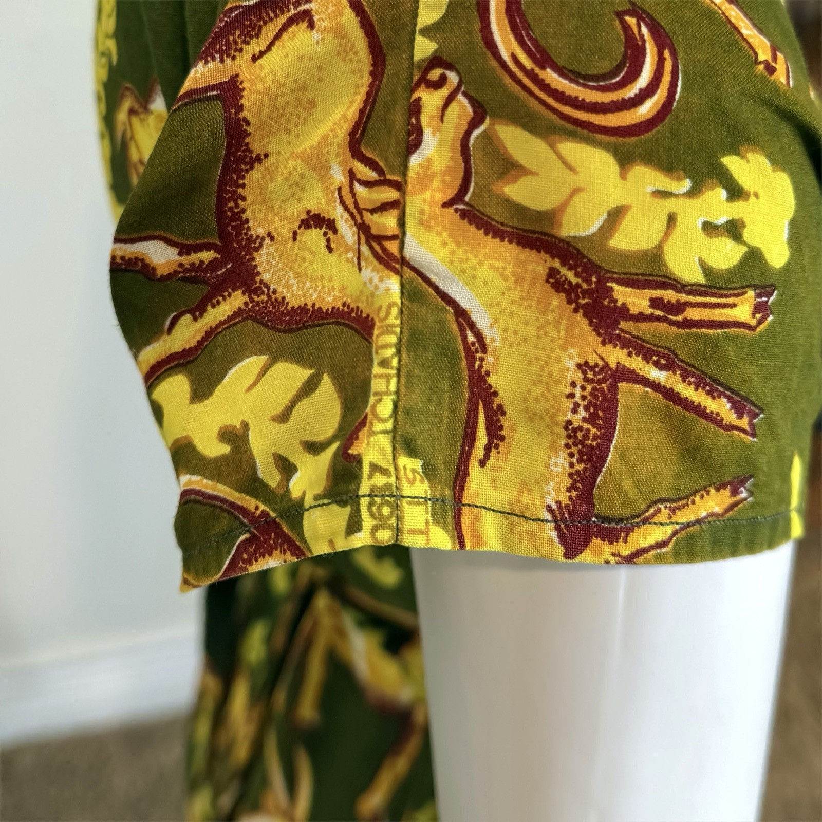 Vintage 1940’s SAFARI PRINT COTTON DRESS S Belted Skirt Ruffle Tiki Animal Print