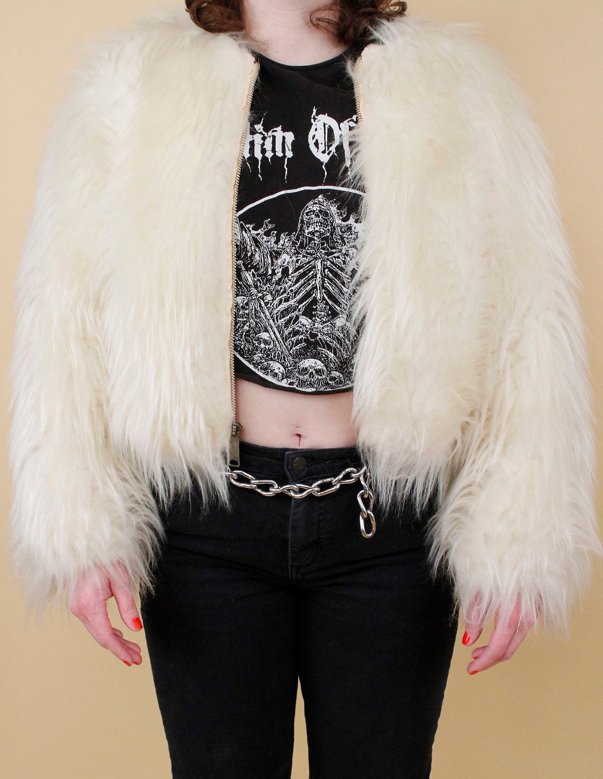 60s 70s Vtg Shaggy Faux Fur White Zip Up Crop Jacket Coat Mod Rocker Glam B34″