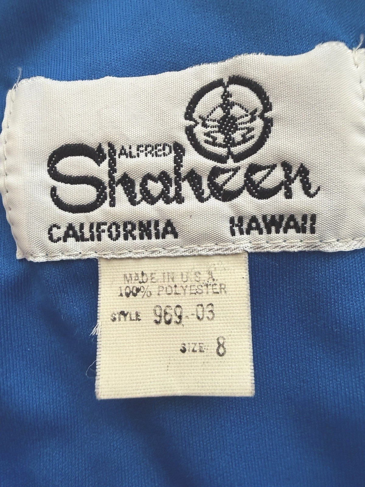 Vintage Alfred Shaheen Asian Inspired Hawaiian Aloha Maxi Dress Sz 8 Blue & Gold