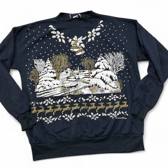 Vintage Turtle Bay Large USA Christmas Holiday Sweatshirt Winter Scene Reindeer
