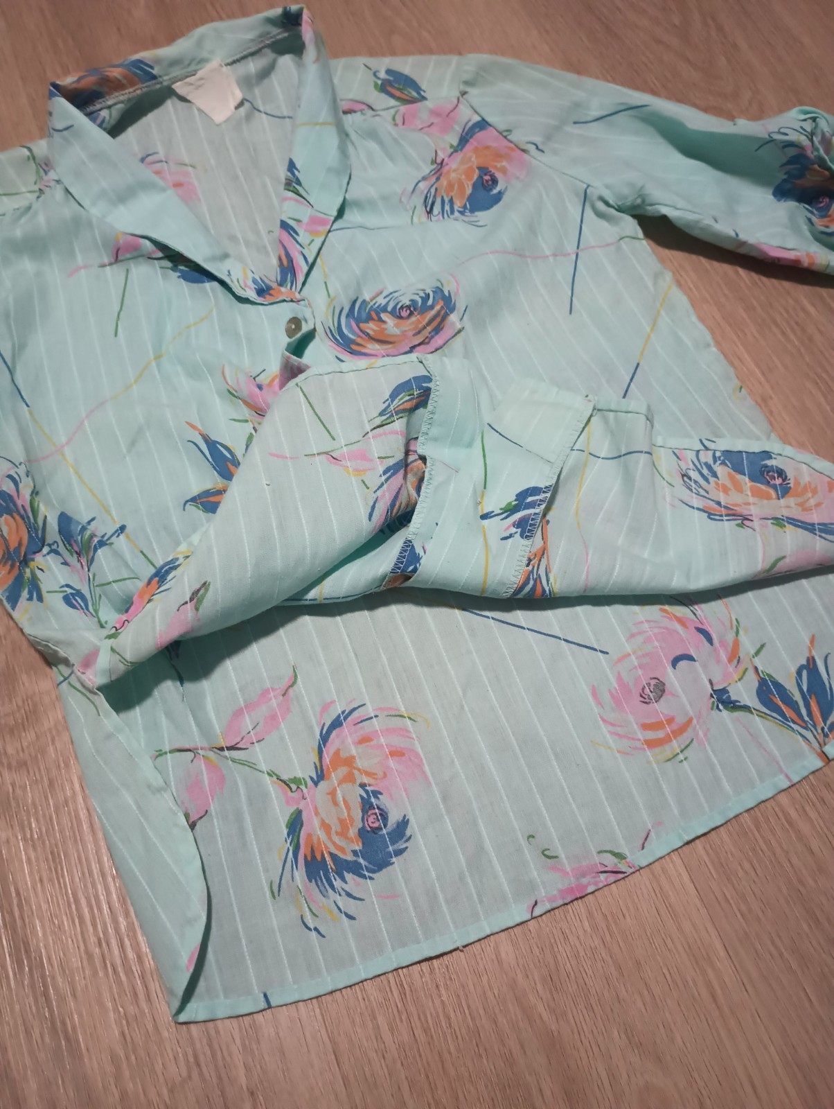 Vtg 80s Green Blue Shawl Collar Button Up Blouse Top new wave kitsch paint M L