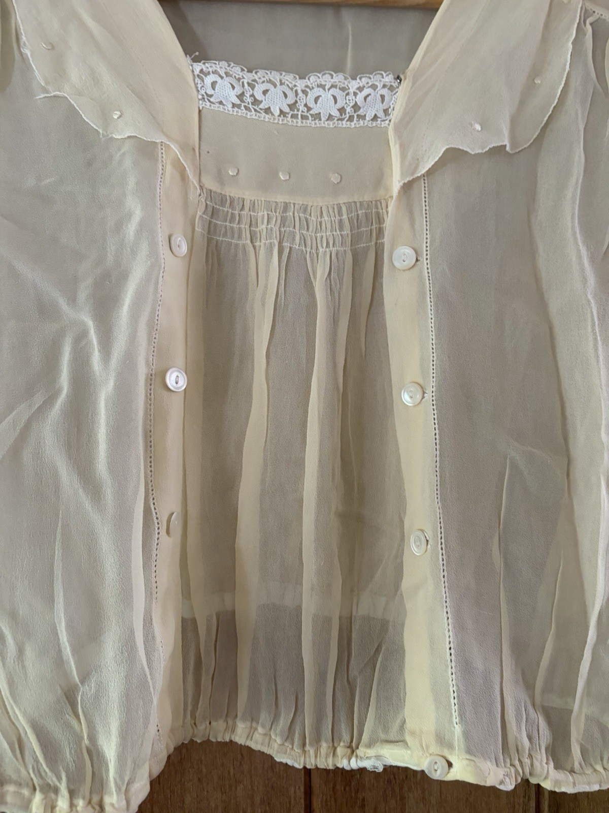 Antique 1920s Sheer Bed Jacket Boudoir Blouse Lace Embroidery Ivory Lingerie