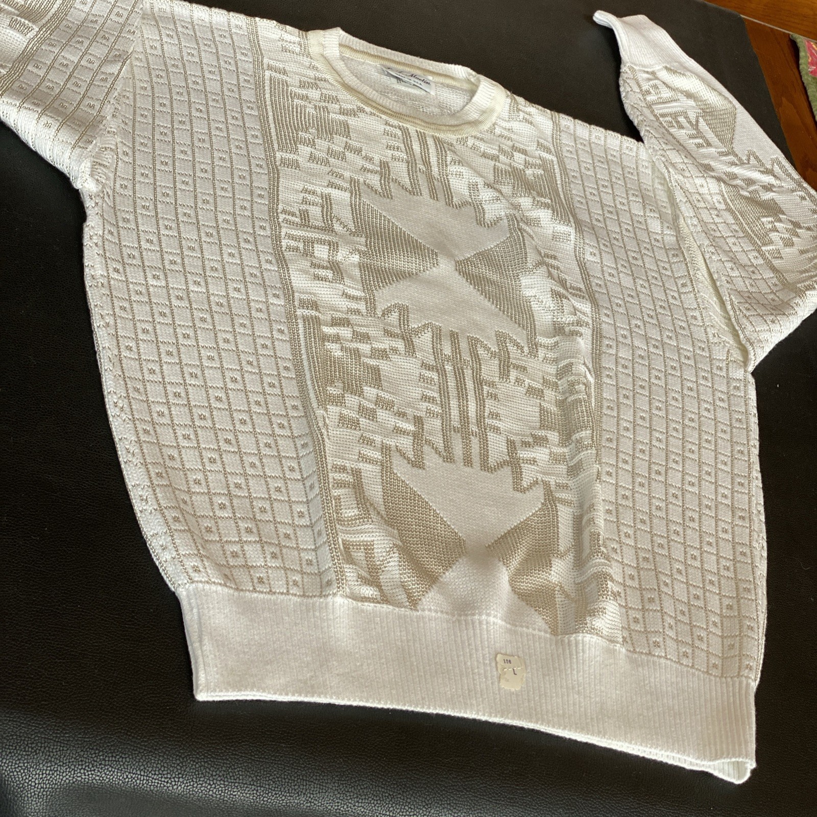 VTG 1970s JT MARTIN Mens WHITE 2 Tone Abstract Geometric Knit Sweater 65% Cotton