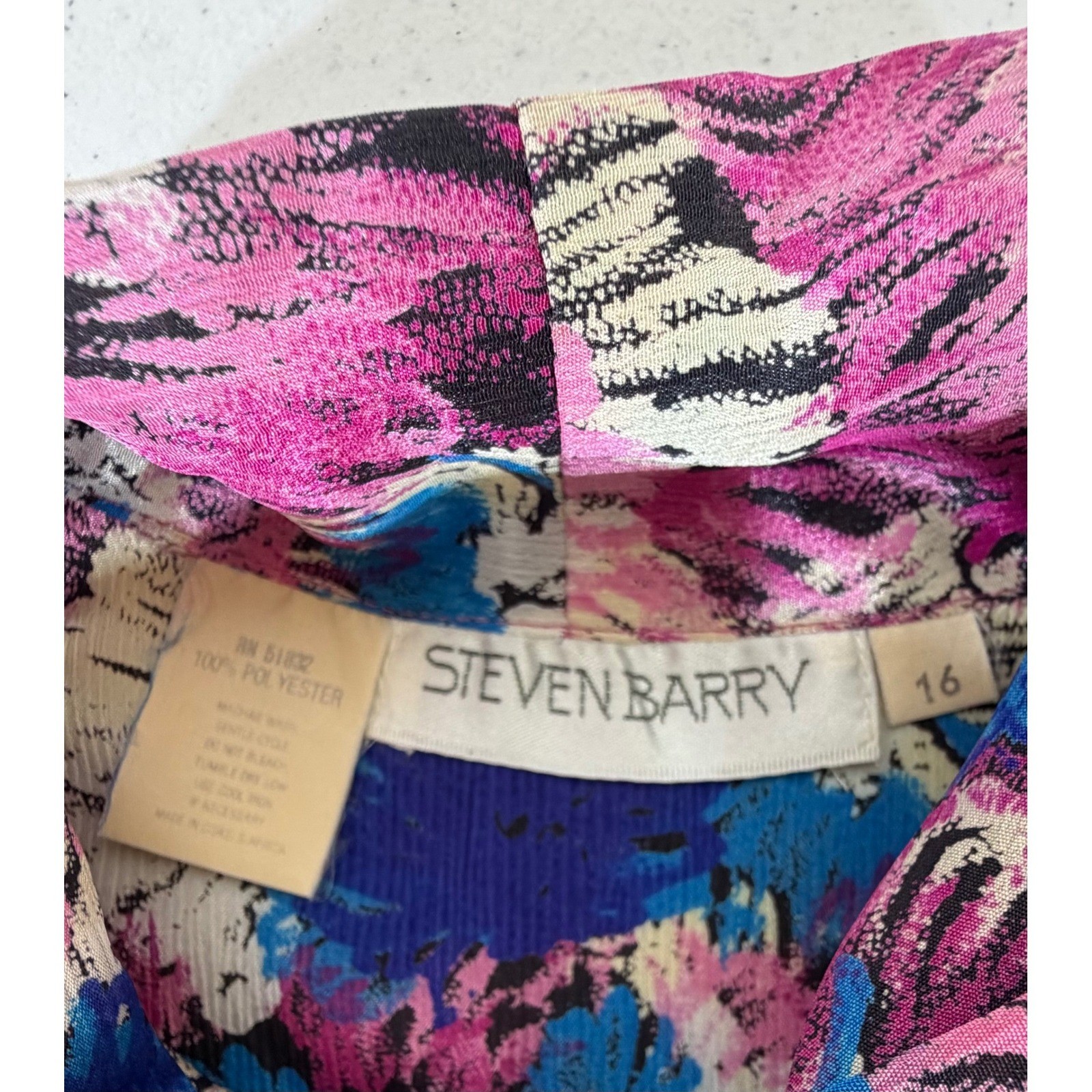 Steven Barry Blouse 16 Pink Blue Abstract Floral Tie Neck Vintage 80s Secretary