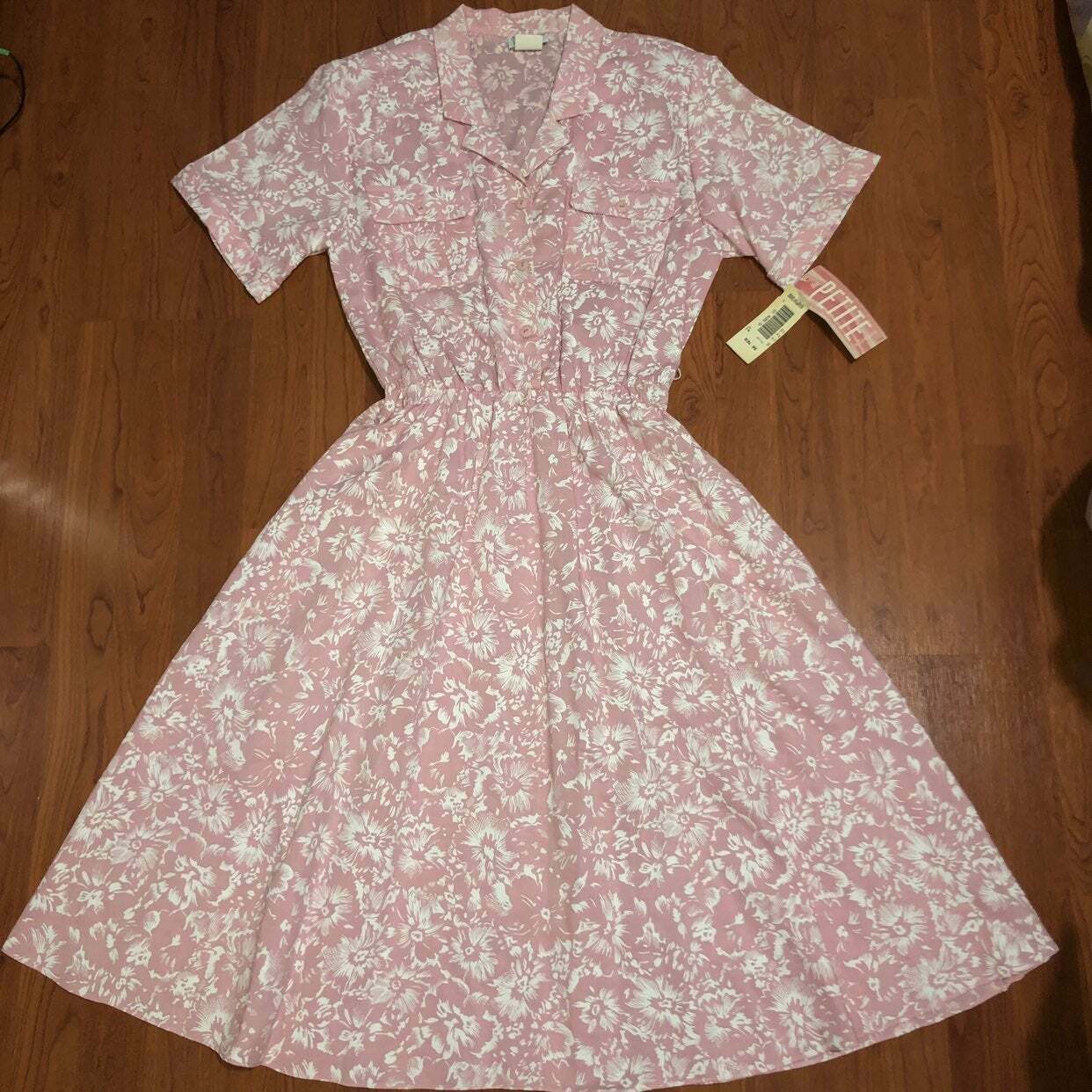 NWT Vintage 80s Stuart Alan Petites Pink Floral Collared Button Up Midi Dress 14