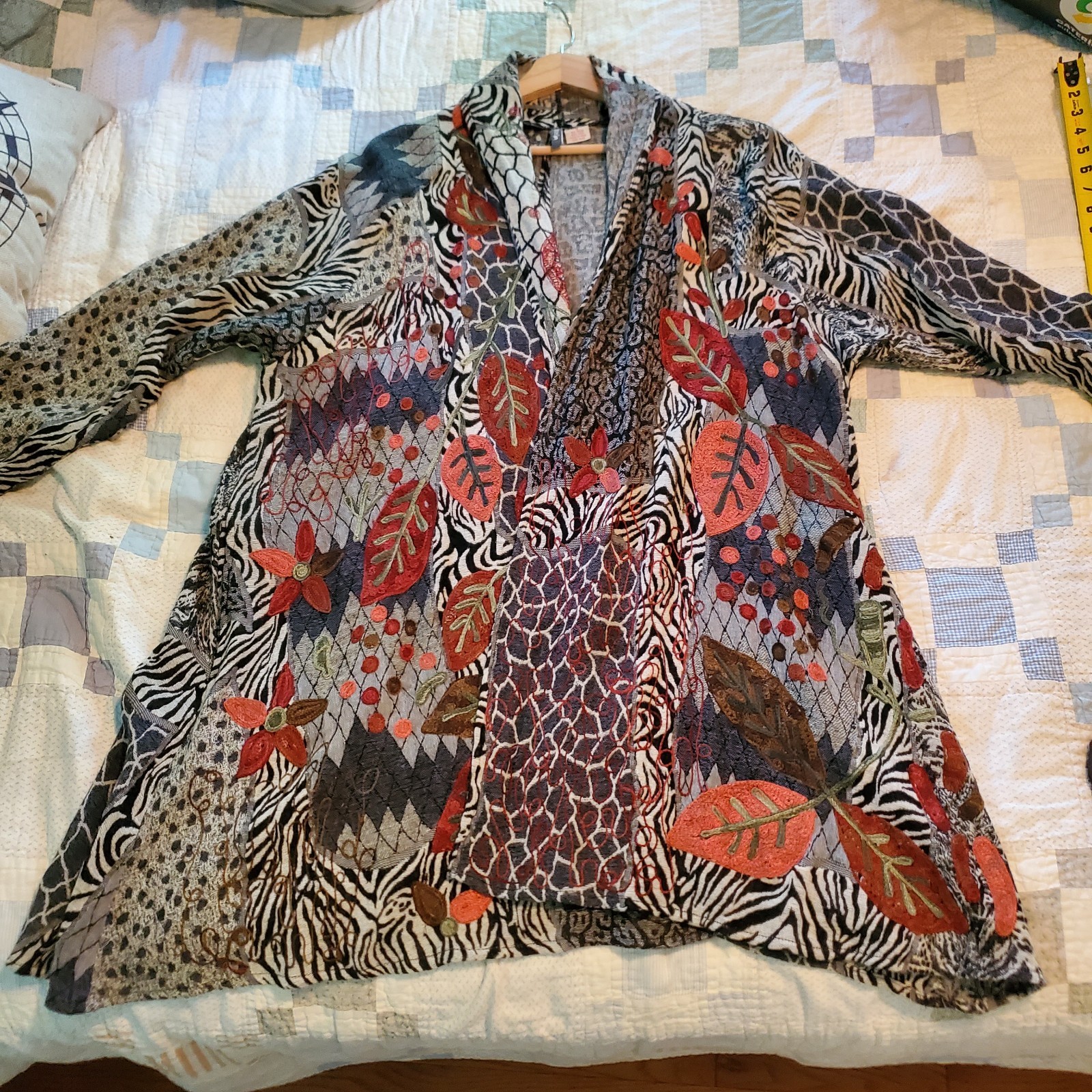 VTG Anu Wool Patchwork Abstract Art Open Jacket Womens S Mixed Media Embroidered