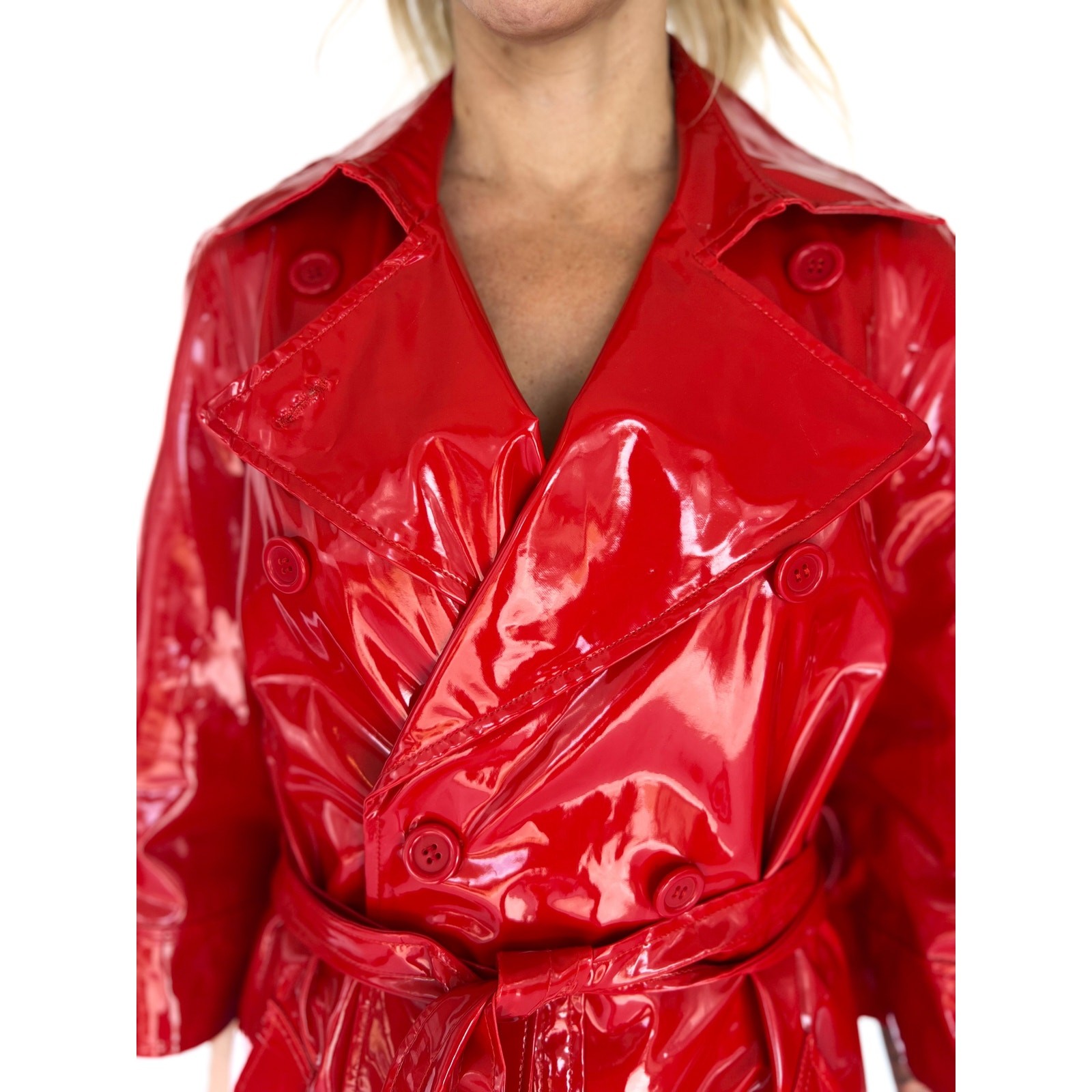 VTG 80s Red Patent Trench Coat Vinyl PVC Glossy Belted Mod Rain Jacket