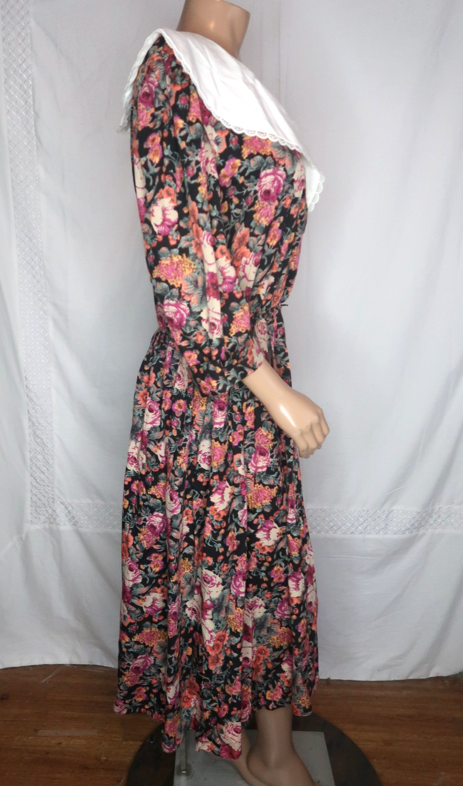 VTG 80s Tina Barrie Black Rose Print White Collar Elbow Puffed Sleeve Dress 18