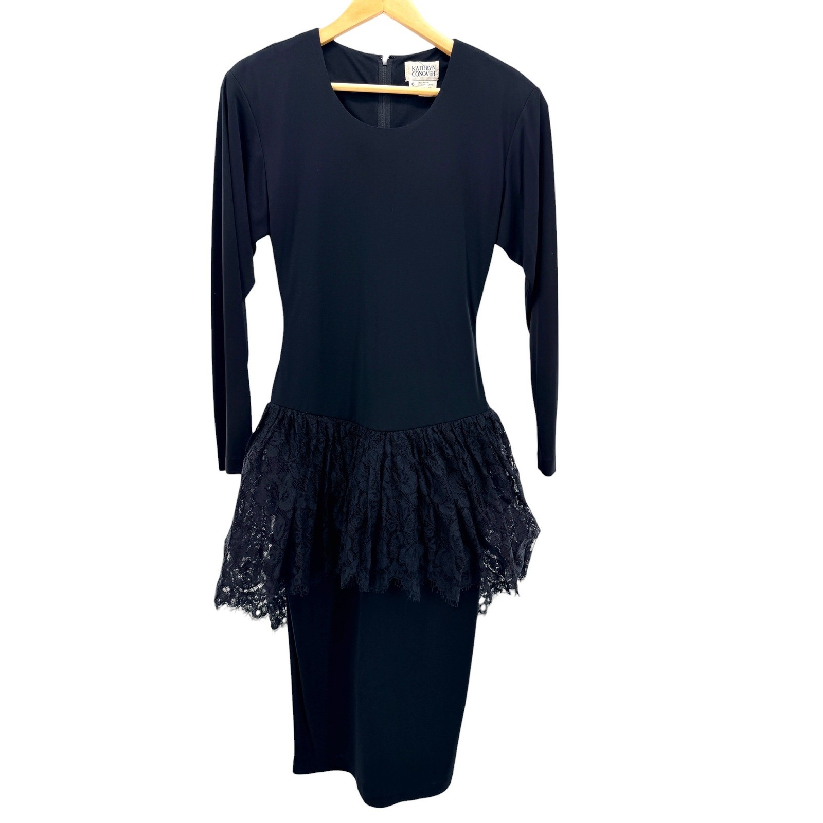 Kathryn Conover Vintage Black Drop Waist Lace Peplum Midi Dress Long Sleeve Sz 6