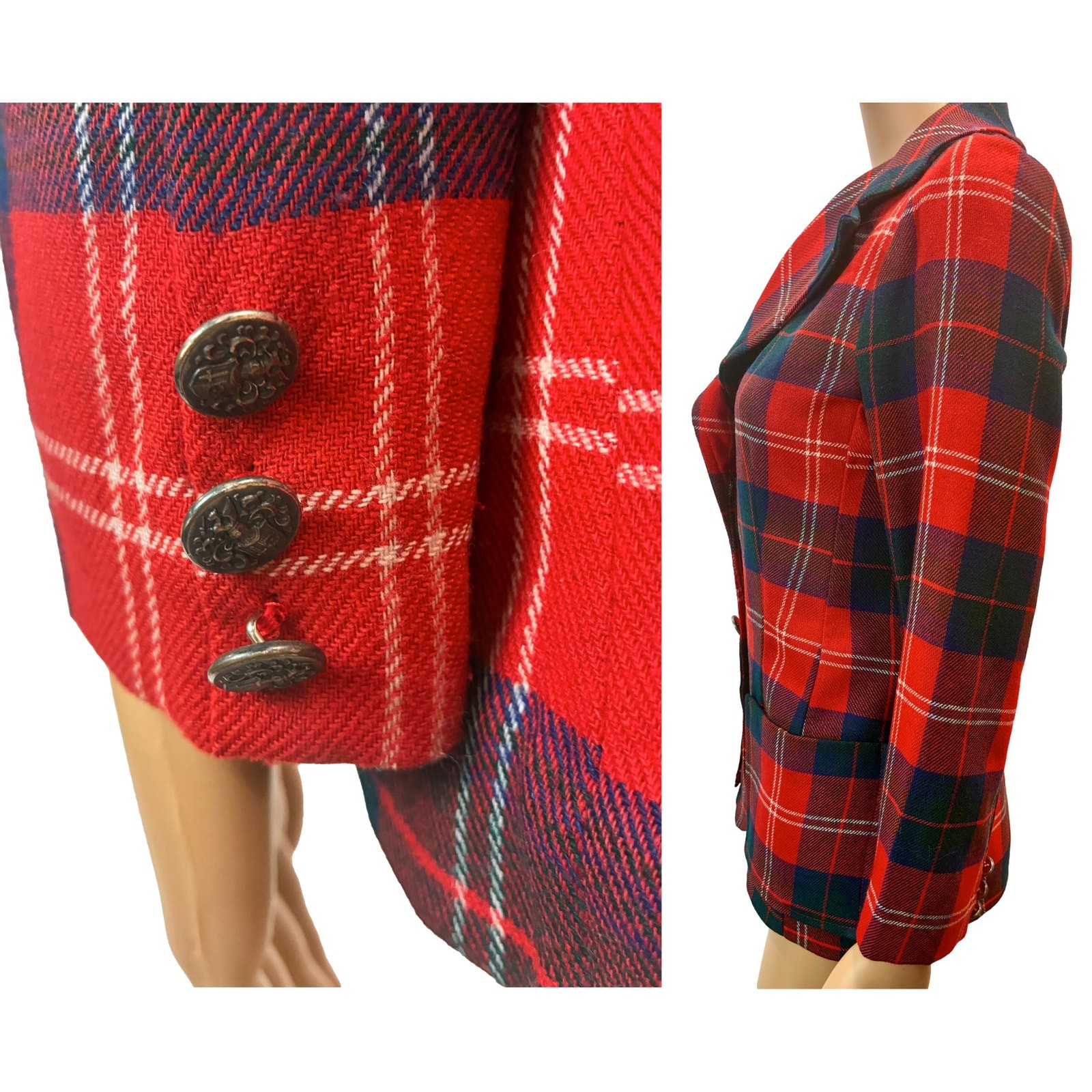 VTG 70s Red Tartan Plaid Blazer Riding Jacket Wool Blend Small
