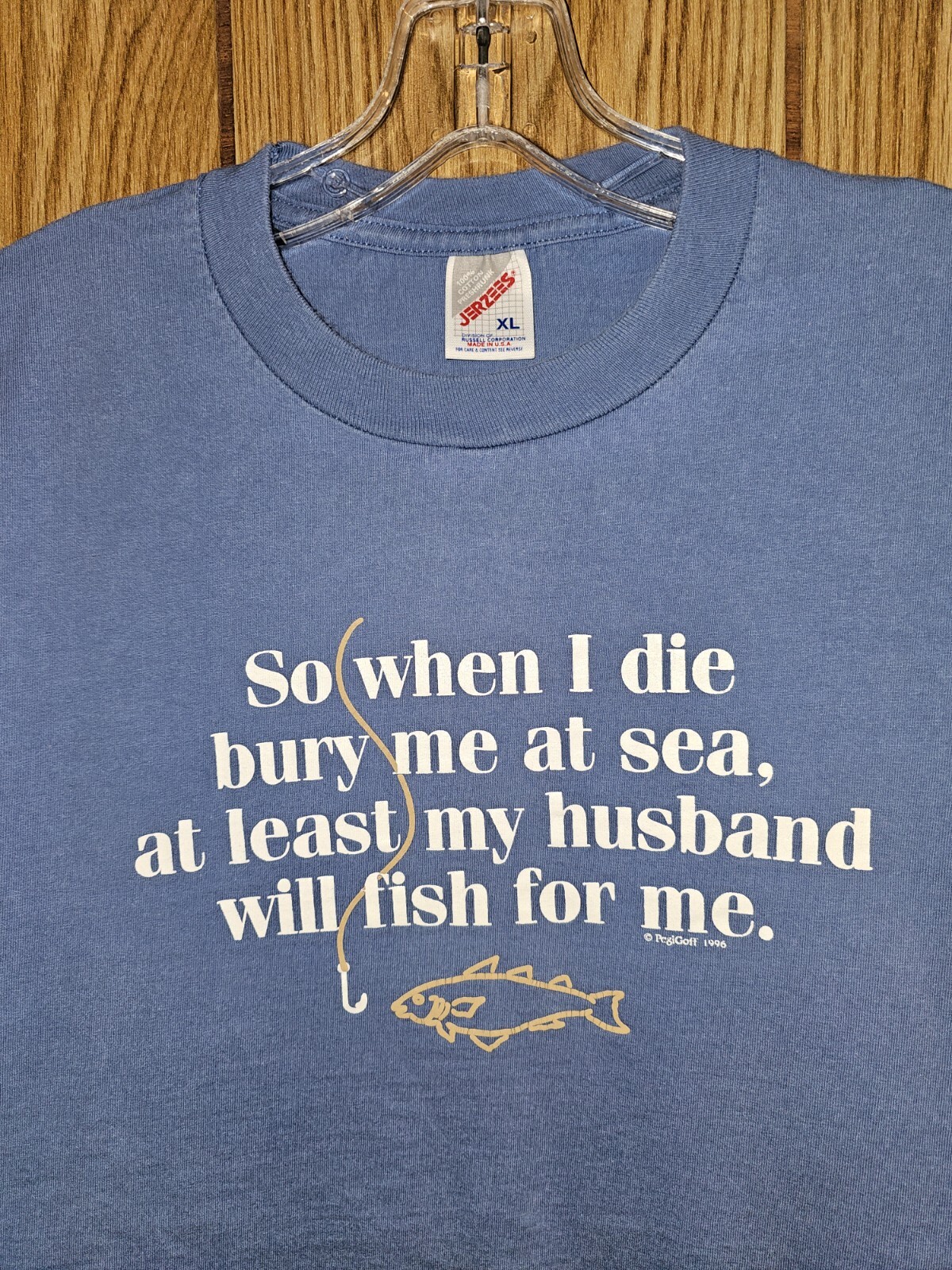 Vintage 1996 Funny Husband Fishing Xl Womens Blue Graphic Logo Tshirt