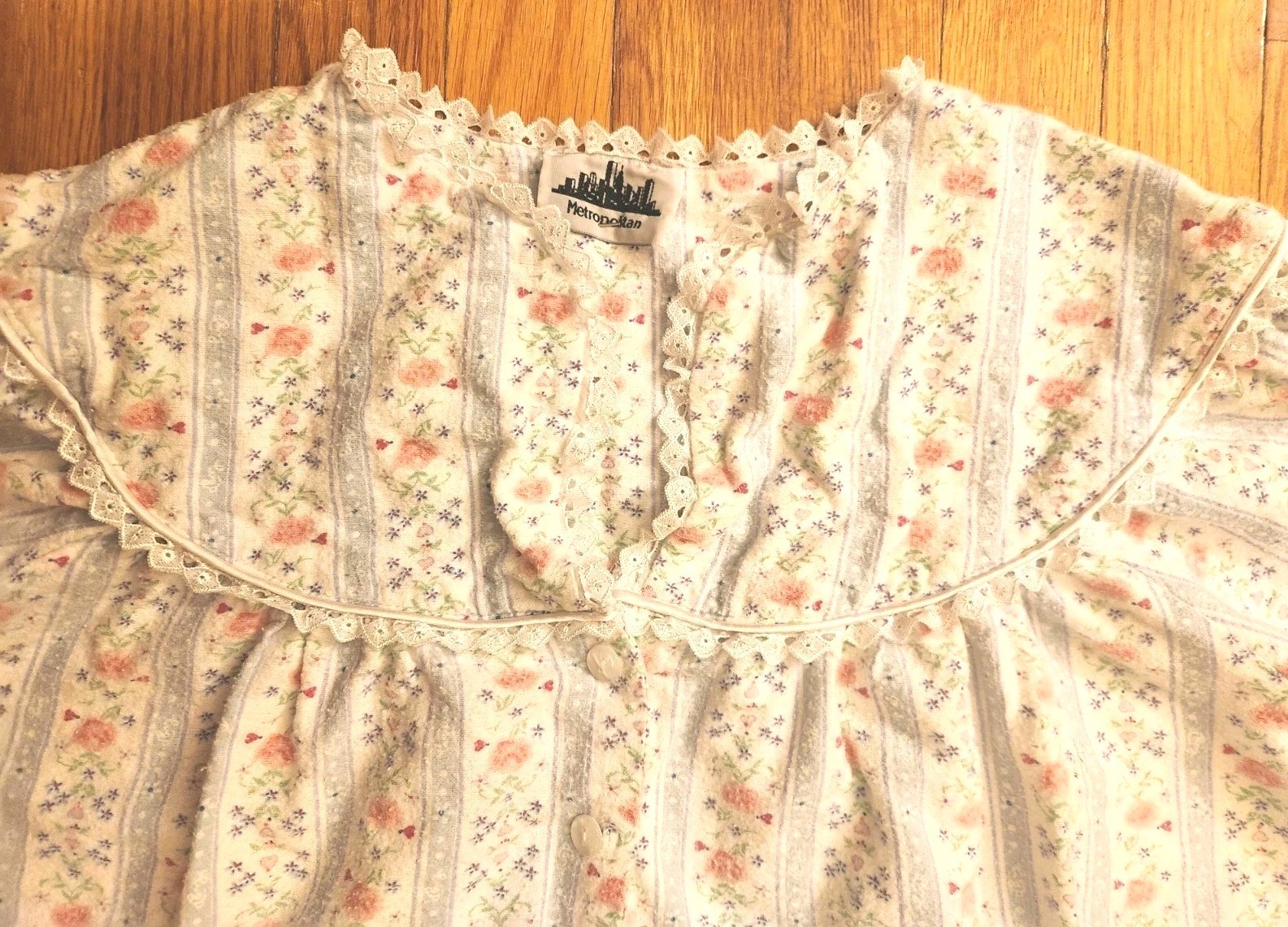 Vintage Metropolitan Light Blue Floral and Lace Flannel Nightgown Size L