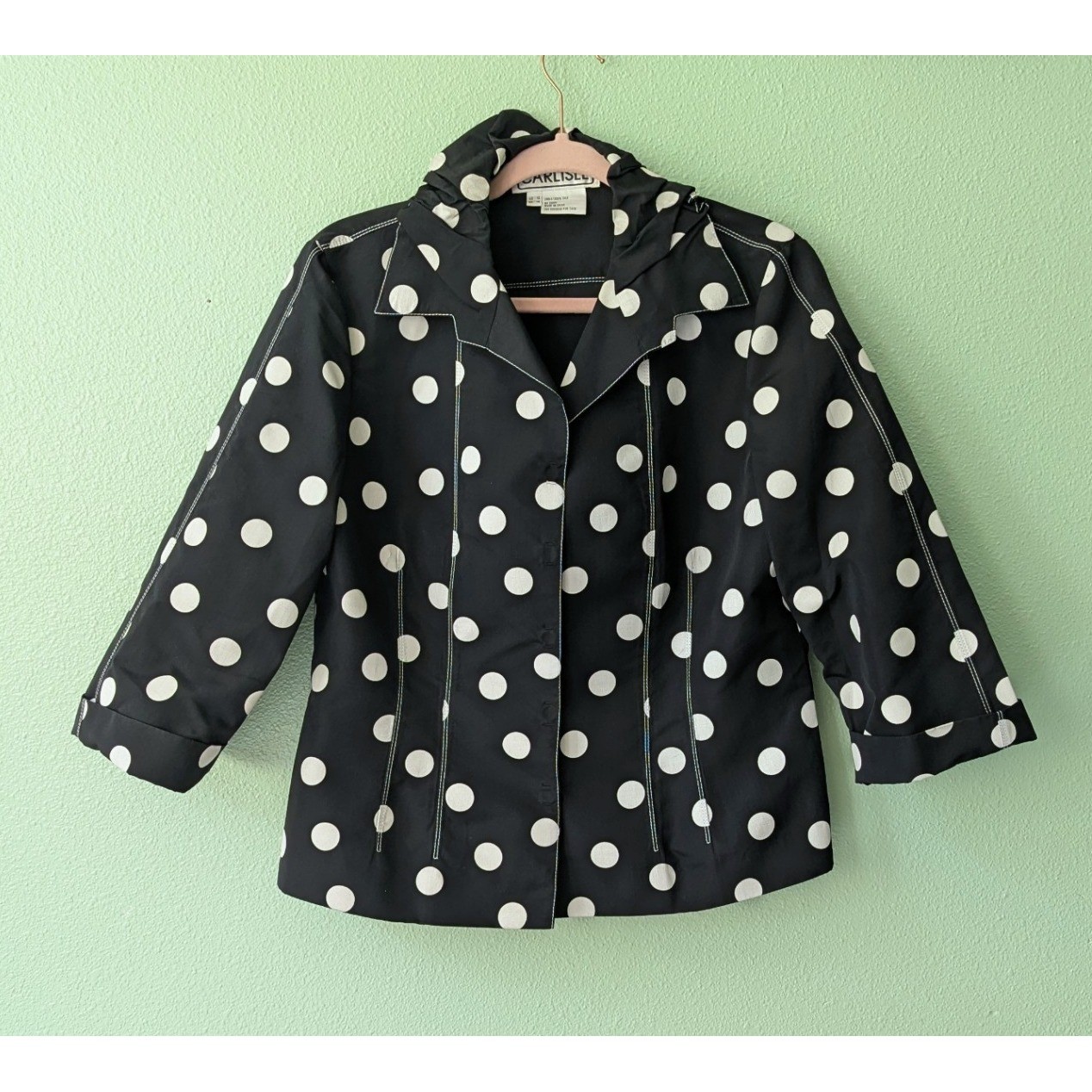 Vintage 90s Carlisle 100% Silk Polka Dot Jacket Black White Ruffle Collar