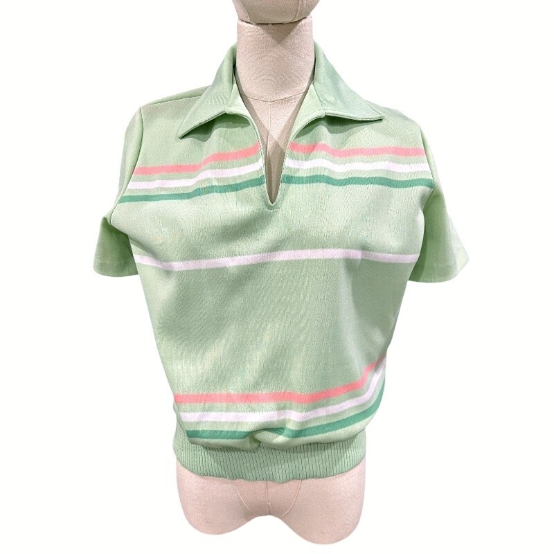 Y2K Striped Polo Shirt Womens L Pastel Green Collared Short Sleeve Top Preppy