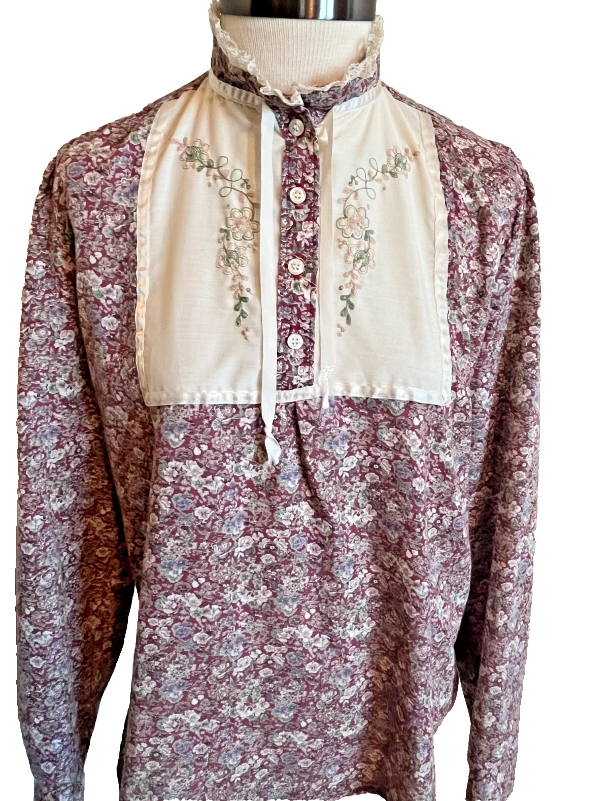 Vtg Funny Girl Blouse Shirt Size 13/14 High Neck Floral Calico Prairie Cottage