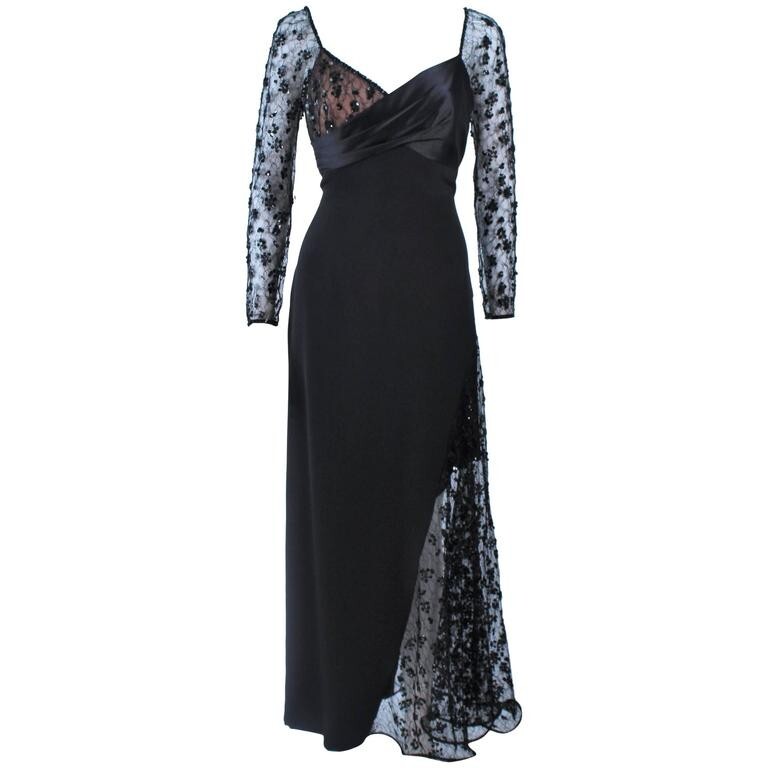 RARE Vintage Saks Fifth Avenue Travilla Ebony Silk Beaded Gown W/ Lace Size 14