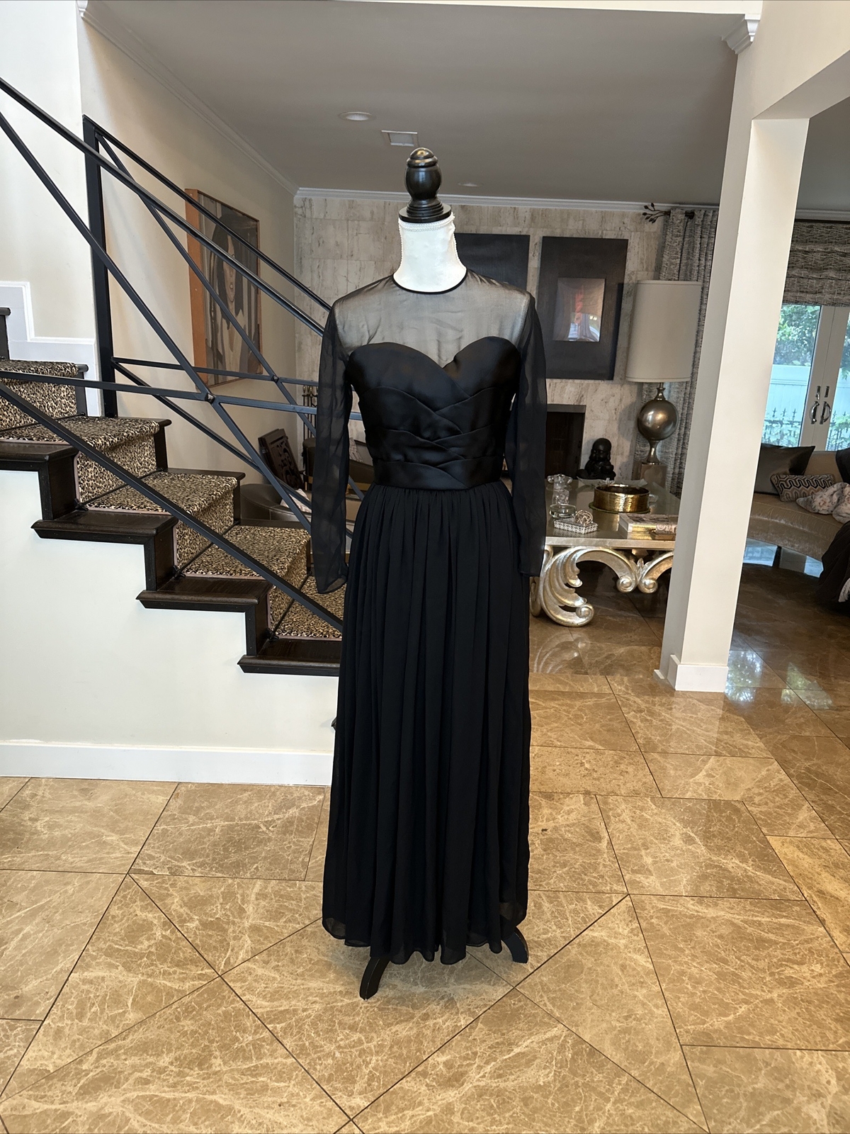 Akira Isogawa Vintage 80s Black Chiffon & Satin Corset Illusion Flowing Gown S