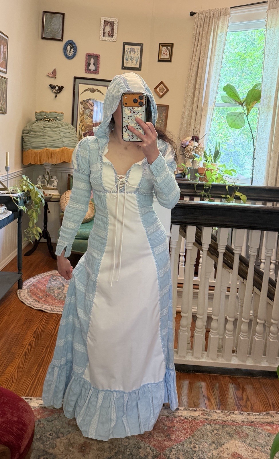 Rare White Label Gunne Sax Blue and White Hood with Blue and Pink Trim, 7