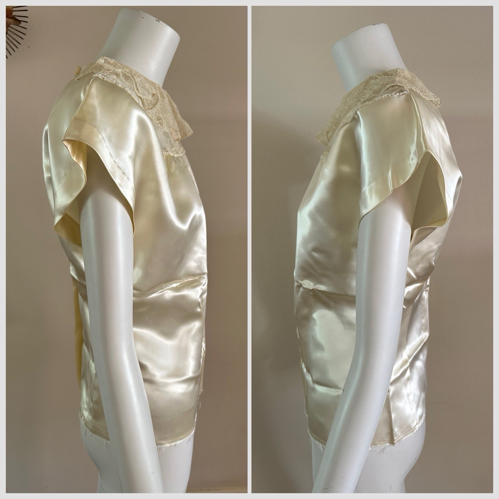 1940s Liquid Satin Lace Ruffle Collar Beaded Blouse Back Button Top VTG