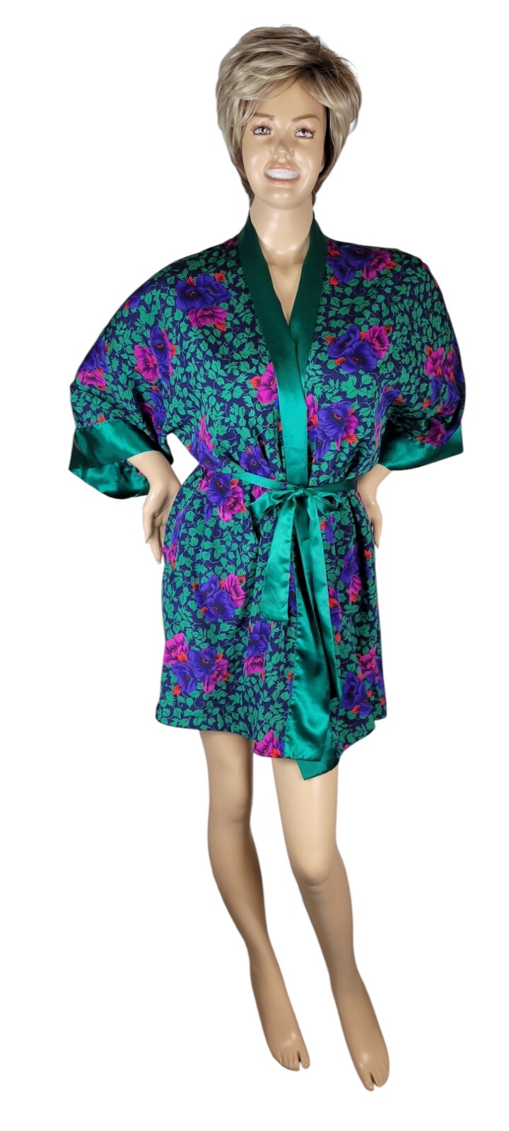 Vtg Victoria’s Secret Gold Label Poly Satin Green Purple Pink Red Floral Robe OS