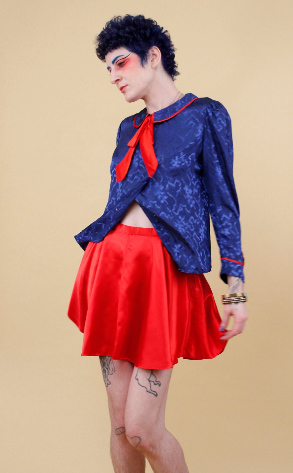 80s Vtg Blue Satin Sailor Moon Style Collar Blouse Shirt Button Up Nautical B34″