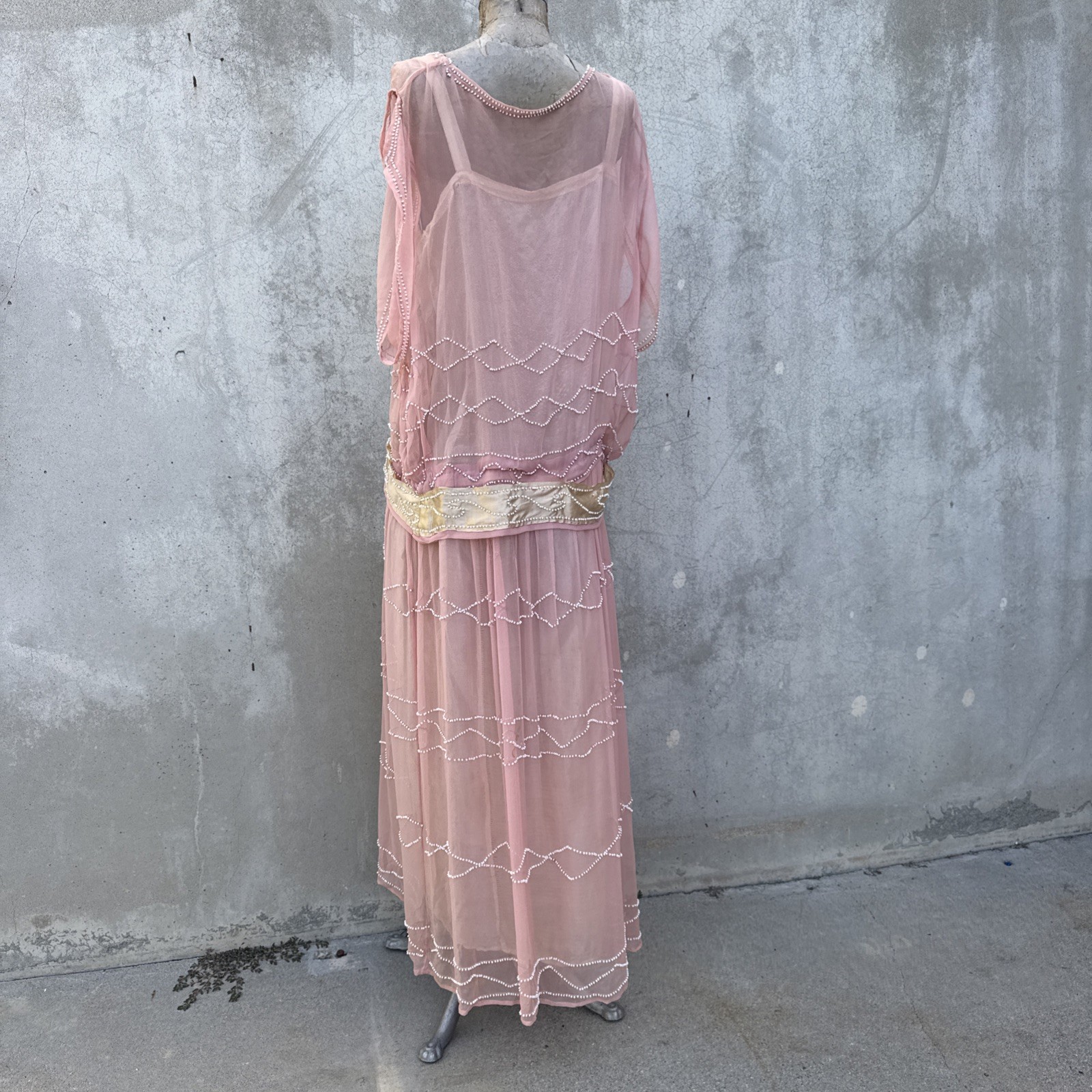 Antique 1920s Pink Silk Chiffon Dress Beaded Waves Oppenheim Collins Vintage