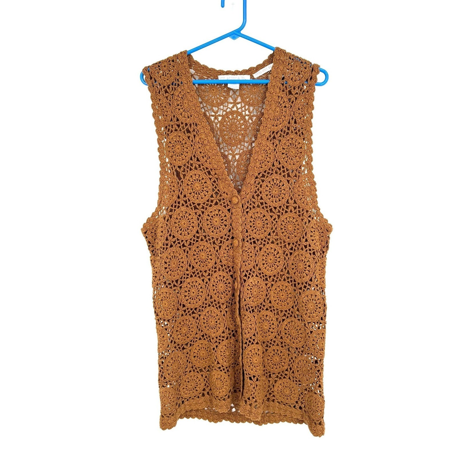 Vtg Claudia D Hand Knit 100% Silk Crochet Vest Brown Large Women 1993 Boho