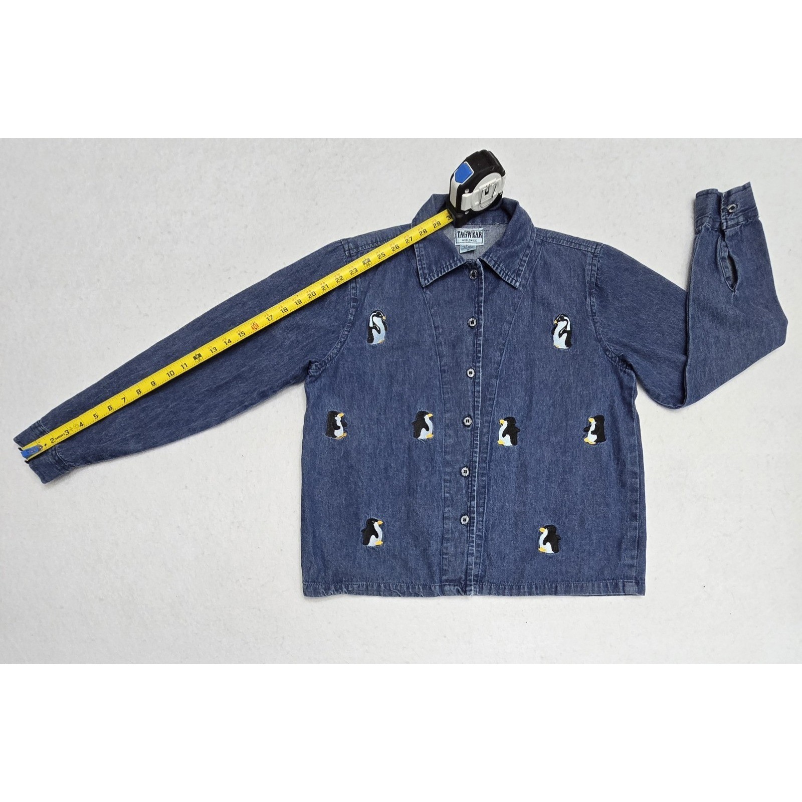 Tagwear Worldwide Vintage Blue Denim Penguin Embroidered Button Down Shirt Med