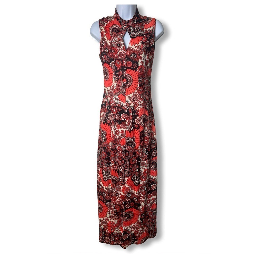 Vintage Women’s Red Paisley Qipao Cheongsam Maxi Dress High Slit 60s 70s – Sz 7